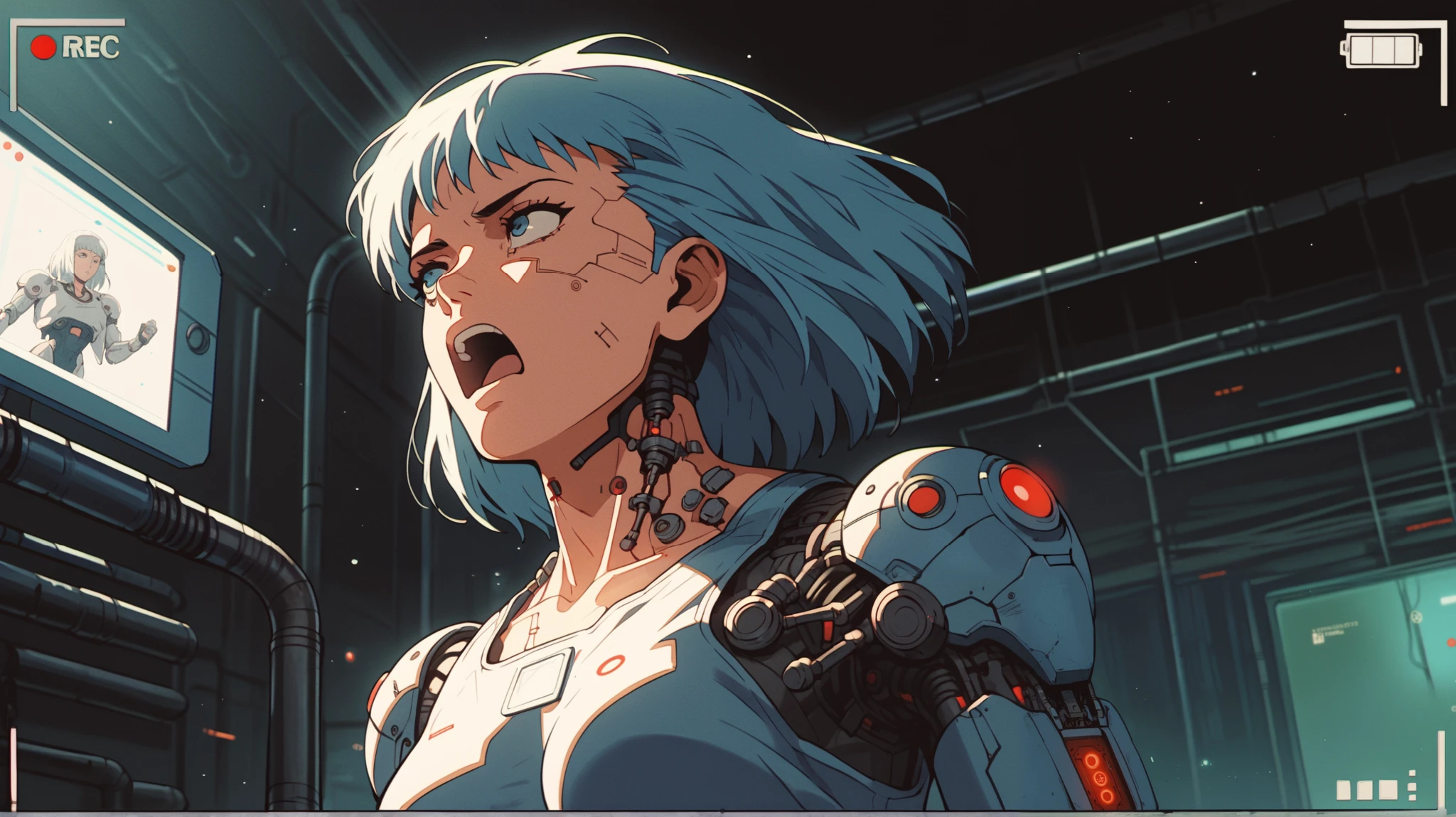 1girl, solo, female focus, a woman gunshot mark on chest, half of cyborg face with mechanical parts and a dark bodysuit with blue reflections, standing in a dark room with a machine and computers behind her and a light above her, facial expression as if screaming with mouth open, camera view and zoom from torso to head, anime visual, cyberpunk art, neon, retrofuturism, breasts, science fiction,