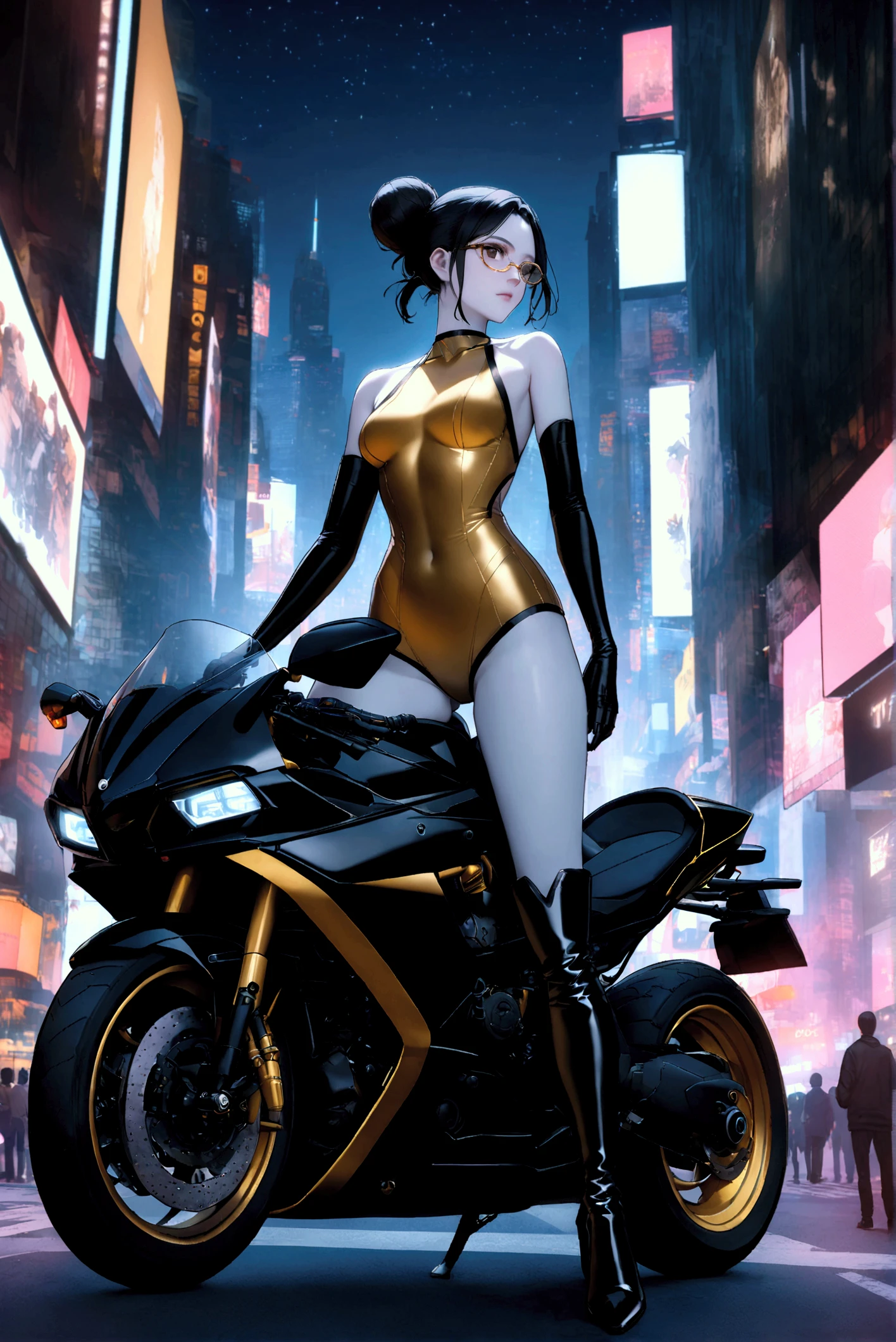 (best quality:1.2,highres,ultra-detailed), detailed face and body of Yuri from The Dirty Pair, stunning Asian beauty, expressive brown eyes, luscious lips, long flowing black hair, (skimpy yellow outfit), (revealing cleavage), confident and sexy pose, (cyberpunk-inspired city background), neon lights illuminating the scene, vibrant colors, (futuristic and edgy atmosphere), stylish and sleek architecture, dynamic angles and composition, (sci-fi and anime fusion), perfect balance between beauty and strength, retro space gun holding, riding a flying motorbike