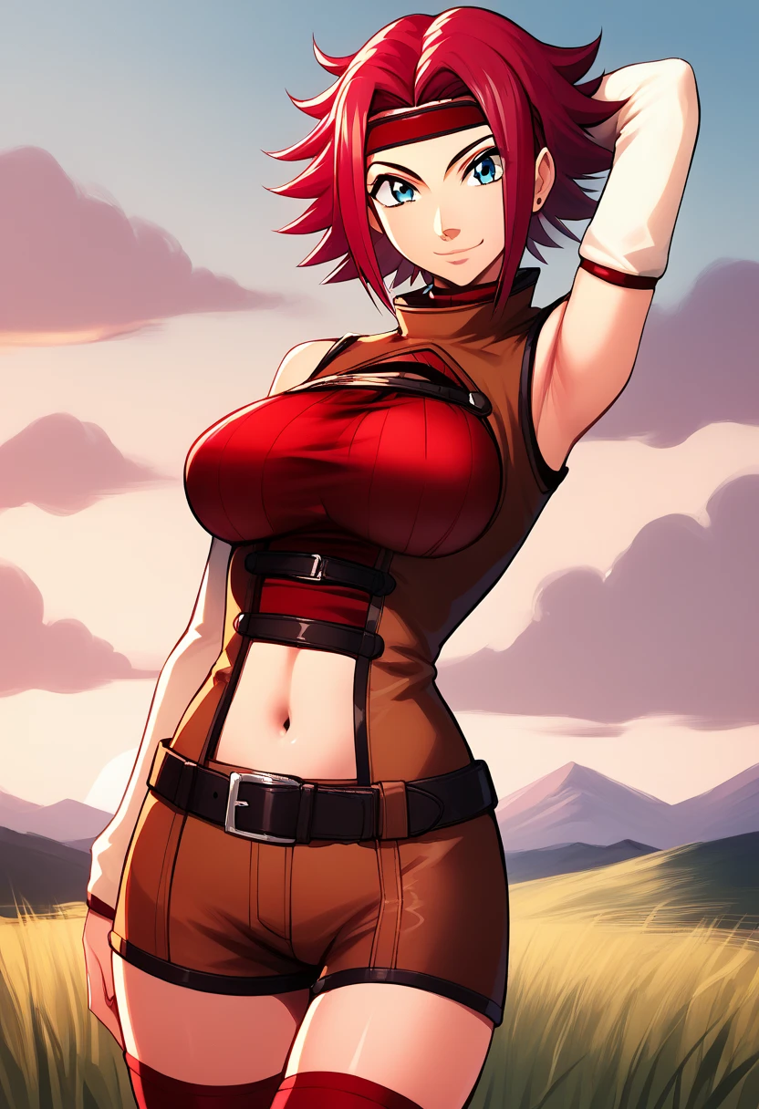 score_9, score_8_up, score_7_up, score_6_up, source_anime, 1girl, solo, kouklln, red hair, flipped hair, short hair, blue eyes, red headband, red sleeveless turtleneck, navel, belt, brown shorts, detached sleeves, red thighhighs, large breasts, arm behind head, looking at you, smile, hand on hip, clouds, sunset, wide shot, field