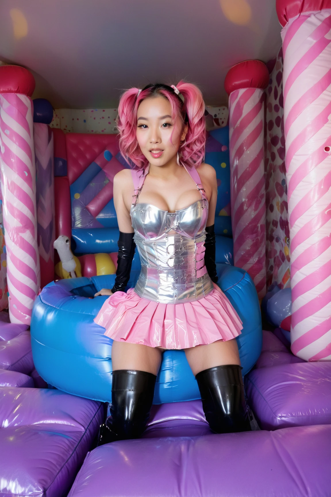Cute japanese with pink pvc outfit sucking on black tube, frowning, wearing thick black rubber gloves, legs spread open, with thick rubber tubing for bondage, large black balloons, large breasts, confused, pink ponytails, in a large inflatable room, cute, pouty lips, big inflatable balloons, pink inflatables everywhere, latex themed room, bouncy, inflatble bondage
