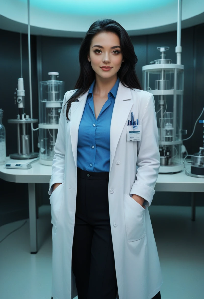 hyper realistic portrait of skai Jackson, 19 years old, with long flowing black hair and brown eyes. She should have a natural, approachable expression and be lit by soft, blue light, canon eos r5, raw format, wearing detailed lab coat, skilled in robotics, background is a detailed large modern mansion with scientific laboratory,  full body, center