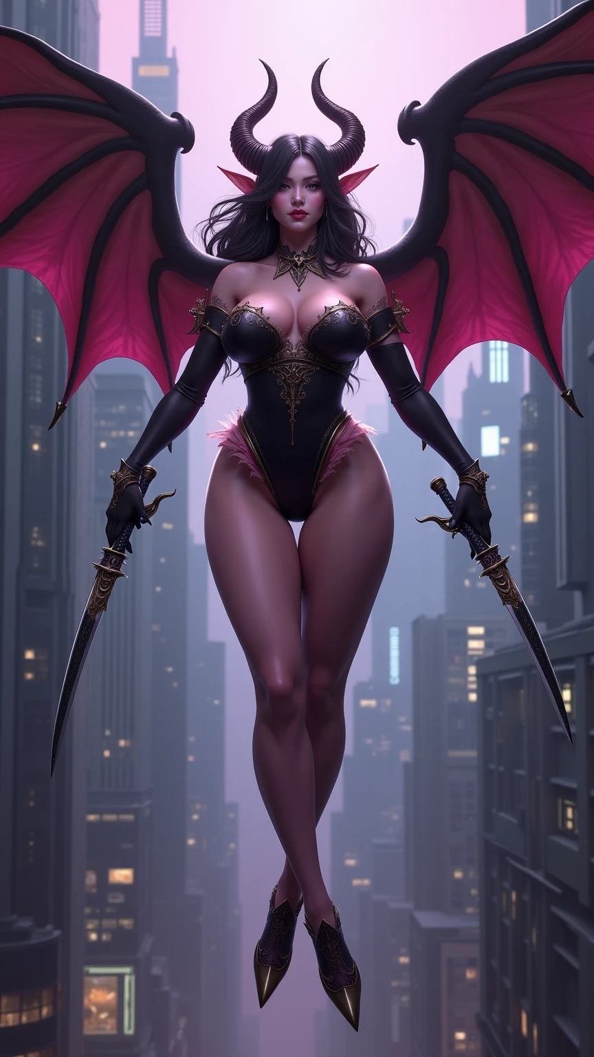 Lisa Ann as a hyper-giant, Hyper-powerful demon with a demon horn on its head and demon wings, and throws purple lightning bolts at a building, ville en ruine post apocalyptique,