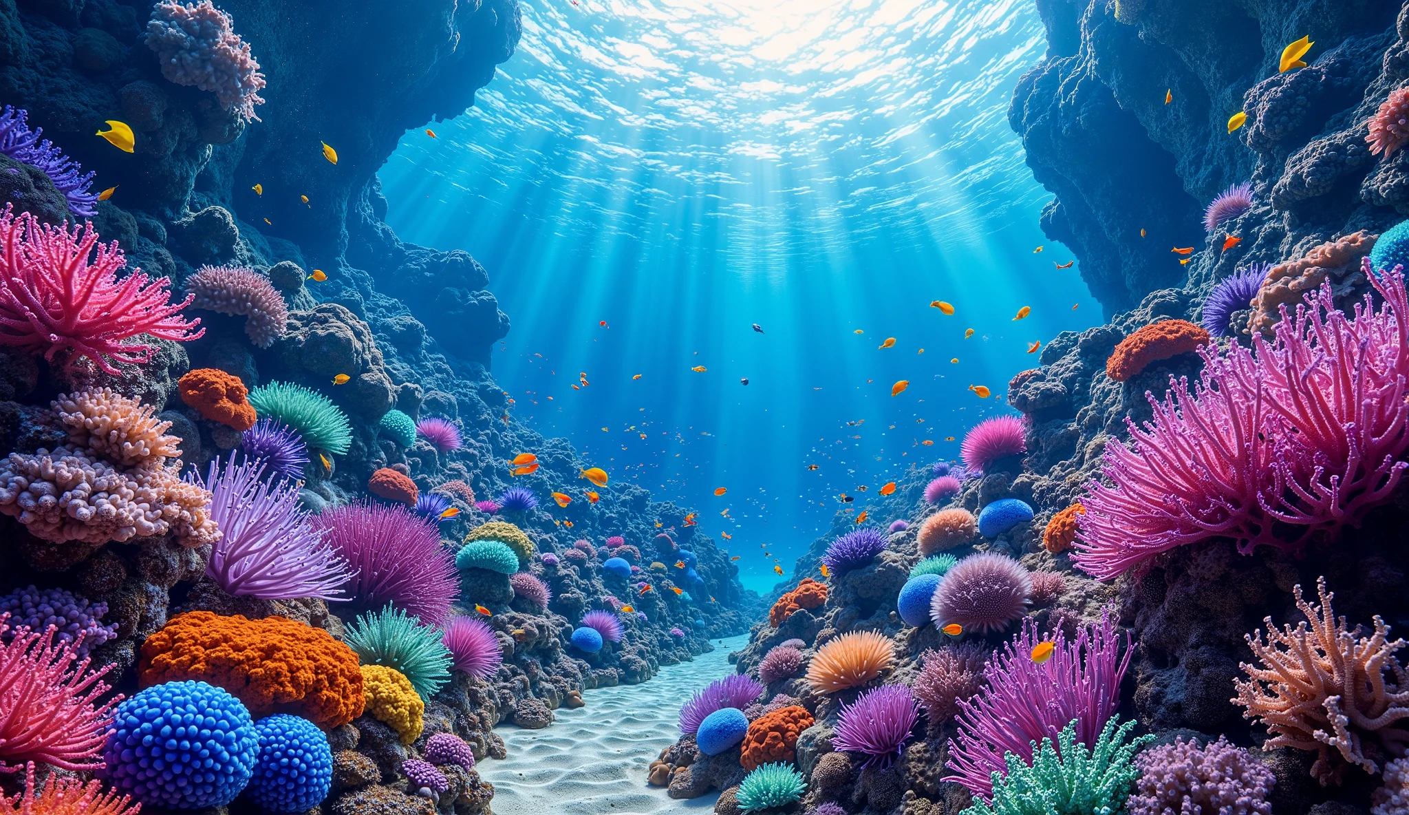 (In the water), Undersea heaven ,((Countless fluorescent green table corals )),(( detailed colorful purple and blue and green coral reefs in the center)),Realistic Expression , shot with a fisheye lens  ,(( Multiple Fluorescent Green Corals )), (( are filled with 10,000 natural coral groups with lots of extremely colorful colors)), (( lots of green and blue soft corals that emit fluorescent colors )), crystal clear water, , strong sunshine ,Vast coral reefs ,Detailed seaweed ,( lots of colorful tropical fish),( myriad cobalt sparrows ), large blue tropical fish , spiny butterflyfish ,Hanadai-hsien, golden butterflies .Scallops , myriad cobalt sparrows , seahorses, lots of psychedelic starfish on the seabed , life,  lively colors, Serene atmosphere, Quiet, Swaying seaweed ,  array of vibrant colors ) , ( best quality , high resolution:1.2), (In the water photography), ( lively), (  soft diffused lighting  ), Orchestra of Highly Coloured Corals, Vast Seas ,Coral Reef,