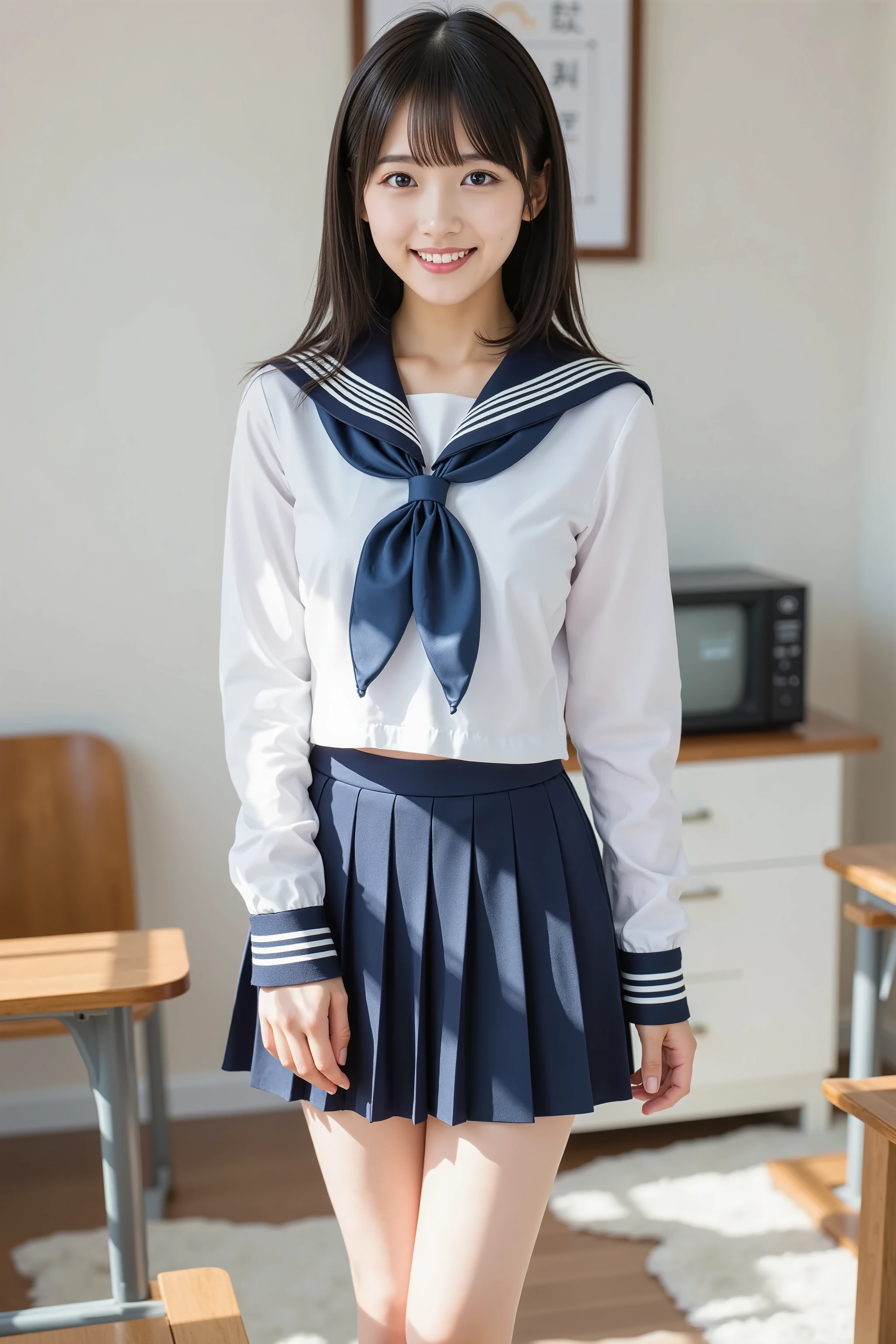 top quality, 8k, professional lighting , Japanese high school girl , beautiful girl with beautiful nipples, sexy, ( super cute face like a popular idol:1.2),smile, ( detailed face , white skin, light makeup, Young Face), Natural Look , ( thin eyebrows on boots), black hair, (bangs, Straight Bob, shiny hair), delicate, ( small breasts ), (Sailor school uniform, Navy blue pleated skirt flipped up:1.4), Beautiful thighs, (School classroom), とても beautiful girl with beautiful nipples, whole body,