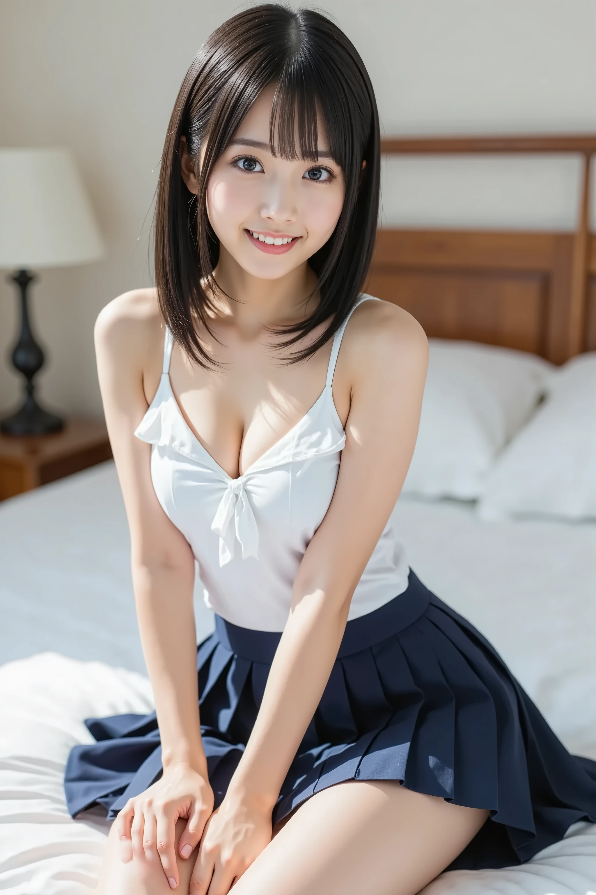 top quality, 8k, professional lighting , Japanese high school girl , beautiful girl with beautiful nipples, sexy, ( super cute face like a popular idol:1.2),smile, ( detailed face , white skin, light makeup, Young Face), Natural Look , ( thin eyebrows on boots), black hair, (bangs, Straight Bob, shiny hair), delicate, ( small breasts ), (Sailor school uniform, Navy blue pleated skirt flipped up:1.4), Beautiful thighs, (bedroom), とても beautiful girl with beautiful nipples, whole body, smile,