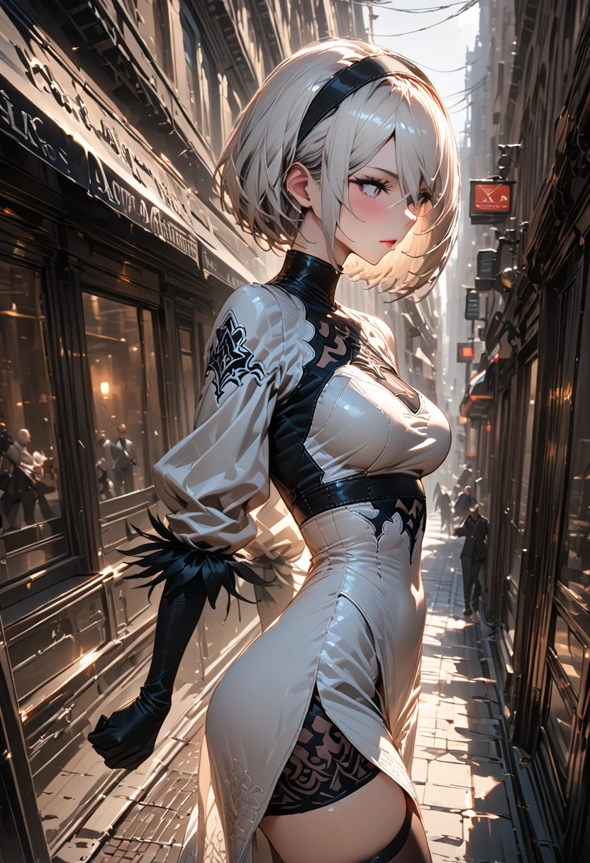 2b nier automata, ((Unidad Yorha no 2 tipo B)), in a cyberpunk city, japanese buildings style, en tela transparente, )), ((ojos azules)), (((DeepVnecklineslipdress))), 1 girl, (pechos grandes:1.27), Enorme areola ,(((deslizamiento de areola))),((areolas hinchadas)),((Sideboob)),(((cuello))), Chica Yorha, beautiful woman, Mujer preciosa, hermosa joven, 2b nier automata, ((Unidad Yorha no 2 tipo B)) Chica con pelo largo, Cara joven adorable, female idol portrait, Peinado desordenado,, ulzzang, ulzzang-6500-v1.1, pureerosface_v1, maquillaje coreano popular, maquillaje popular de Corea del Sur, con el pelo largo, (8k, Foto RAW, La mejor calidad, Obra maestra: 1.45), (NSFW:1.35)