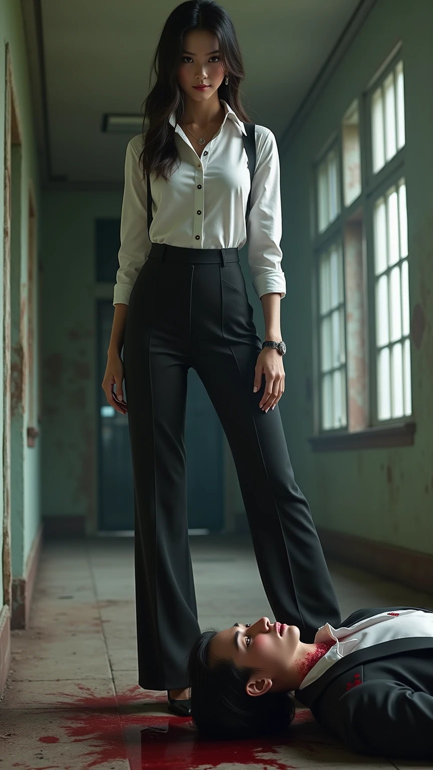 Alone woman, european woman, 8k, absurd resolution, ((eyes wide open: 1.4)), perfect face, (Crisp black deco style formal business wear), 1 woman, Alone, full body image, 8k, masterpiece, Very detailed, (Detailed golden eyes), expressive and detailed eyes, Pale skin, ((symmetrical eyes)), detailed students, Realistic skin, some freckles, Realistic skin texture, ((small chest: 1.3)), analog style, (chin length hair), ((dark hair: 1.5)), deco cyberpunk setting, Full head and body image., ((Your entire head and body must be visible)), perfect anatomy, anatomically correct, ((Pale skin)), ((wearing flat boots: 1.3)), ((Black pants))