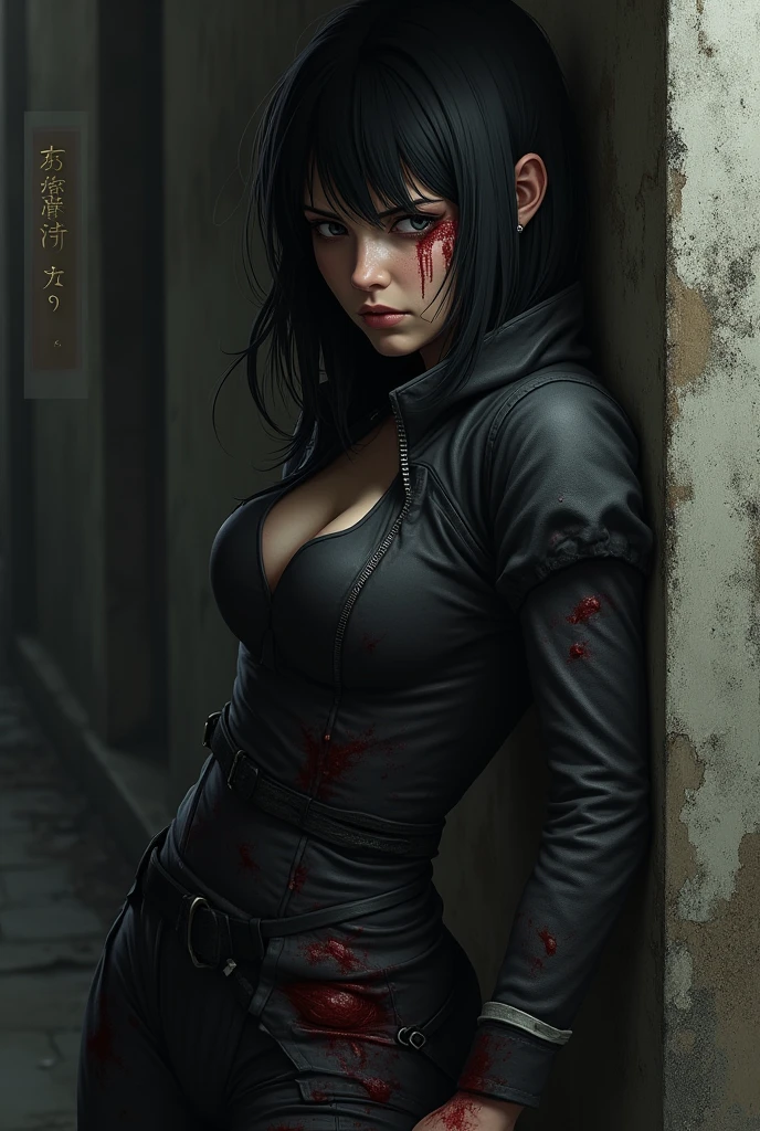 woman with long black hair, blue colored eyes, white skin color, intimidating, powerful, tattooed, with a black formal outfit. She is fighting with a katana, and it&#39;s all bloody, psychopath.