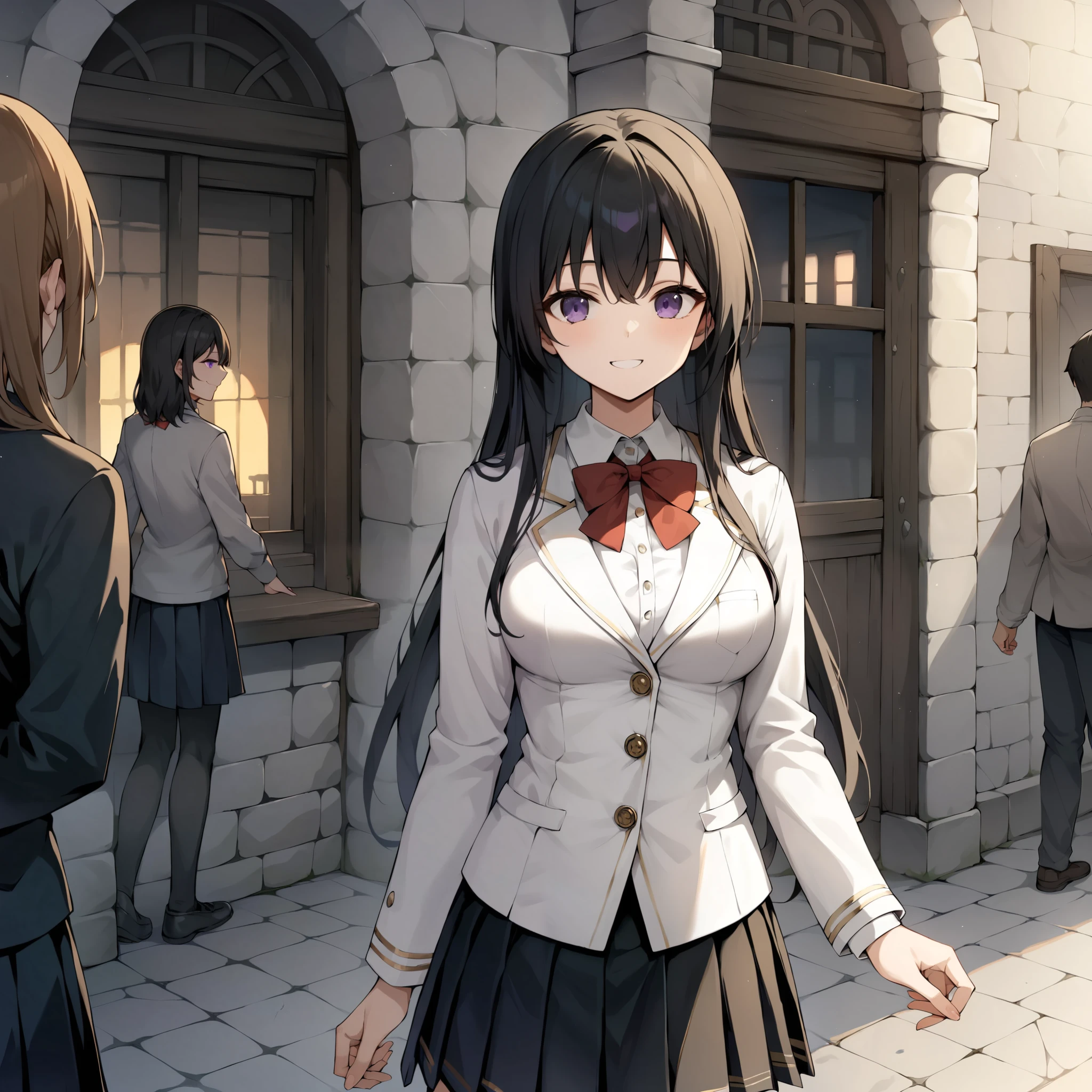 (1girl)), (black long hair),(straight hair), gray with purple eyes, Medium breasts, ((red bow tie)), (White school blouse), ((an absolutely white jacket:1.1)), (( jacket with two gold buttons)), ((black pleated school skirt)), ((full head shown:1.1)) , smile, old medieval town,narrow street, sunny street, stone walls, light stone walls, silhouettes of people on the streets, Looking around, talking to a girl