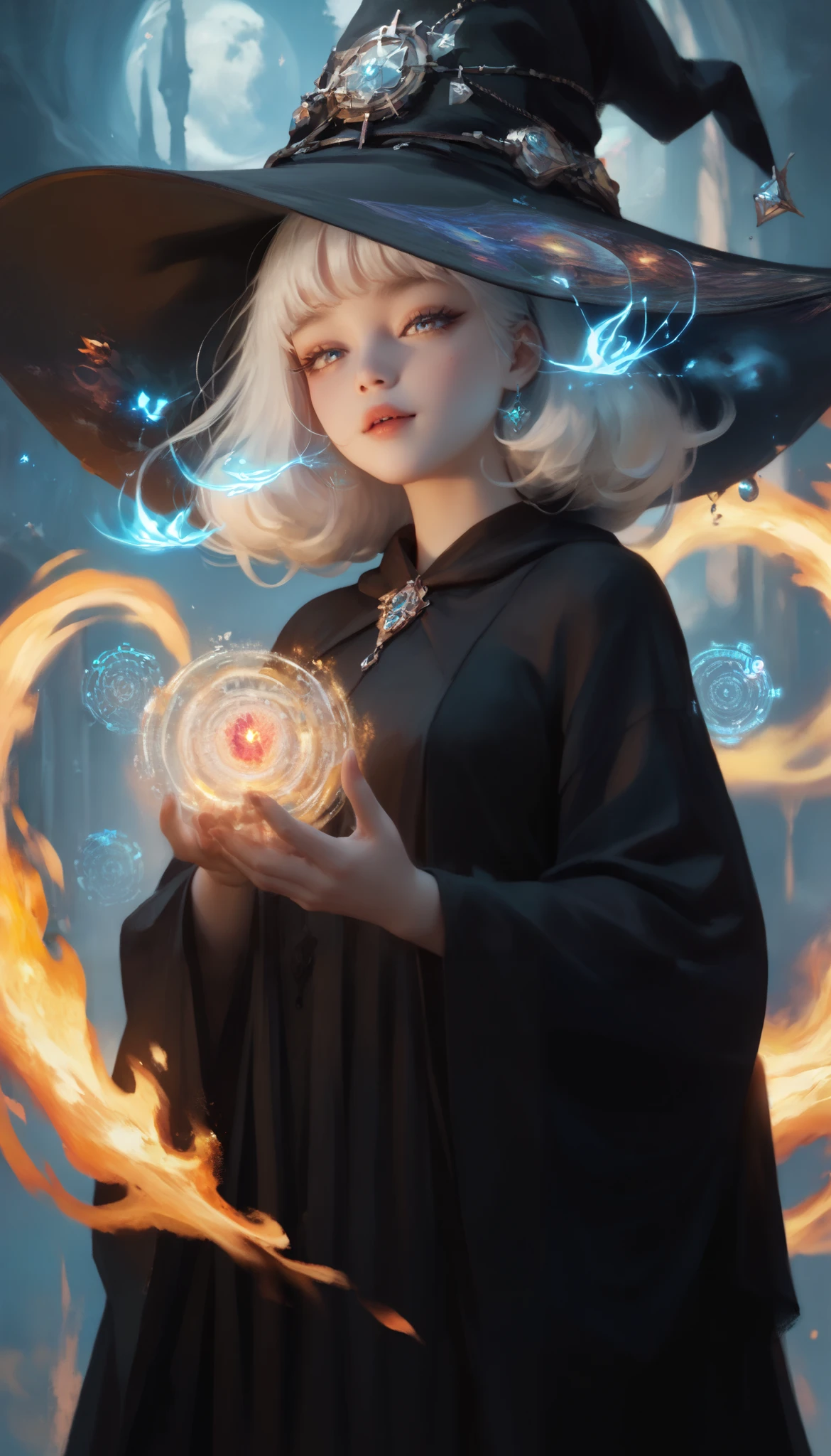 ultra high definition , 8k, Korean girl ,witch hat, black robe,Kara shirt, big boobs , best quality , White hair, magic사, magic, A huge fire comes out of the mouth, Fire Breath , Fractal Structure , Profound Background