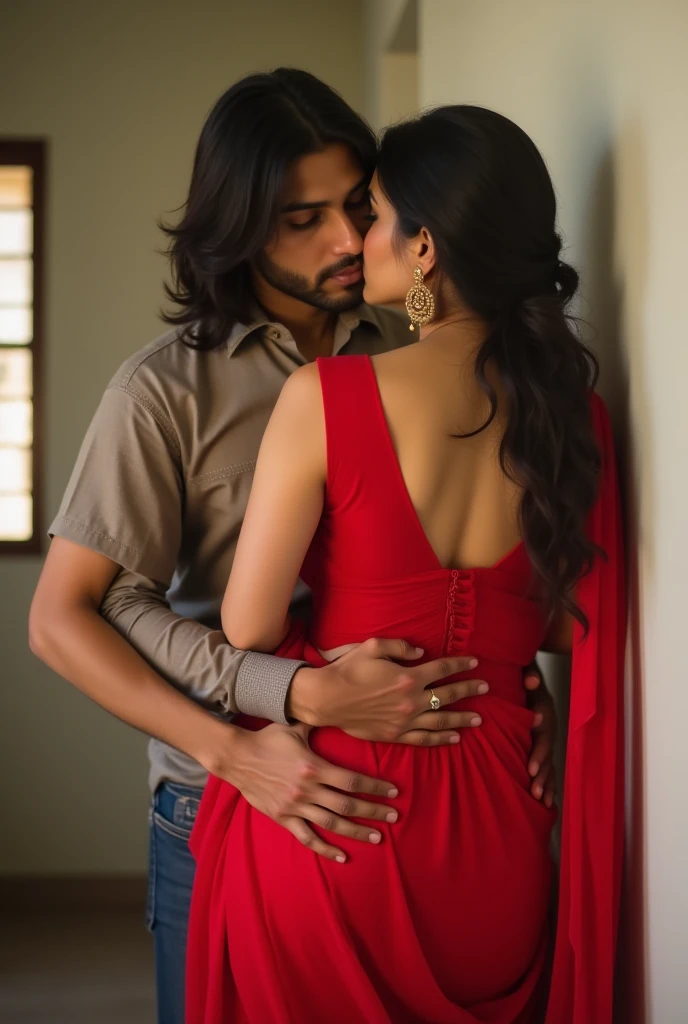Create a high quality realistic image, featuring a 20 year old teenage couple kissing each other, girl wearing pink and black lehengha, boy holding girl's waist, environment is of raining night, both hair wet, background is of old cracked wall on which "love.143.in" written clearly and boldly, image looks hyper realistic, high quality, 64k ultra detailed.