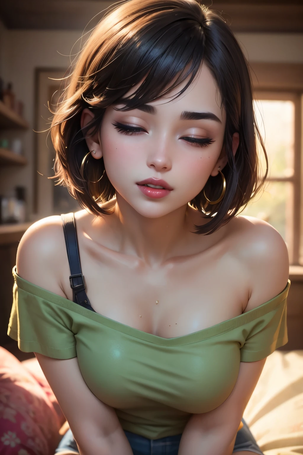 Best quality, masterpiece, ultra high res, (photorealistic:1.4), closeup portrait, IsabelaMerced, (brown eyes:1.2), (straight bob haircut:1.2), wearing a wet pink tshirt, large sagging breasts, jungle setting
