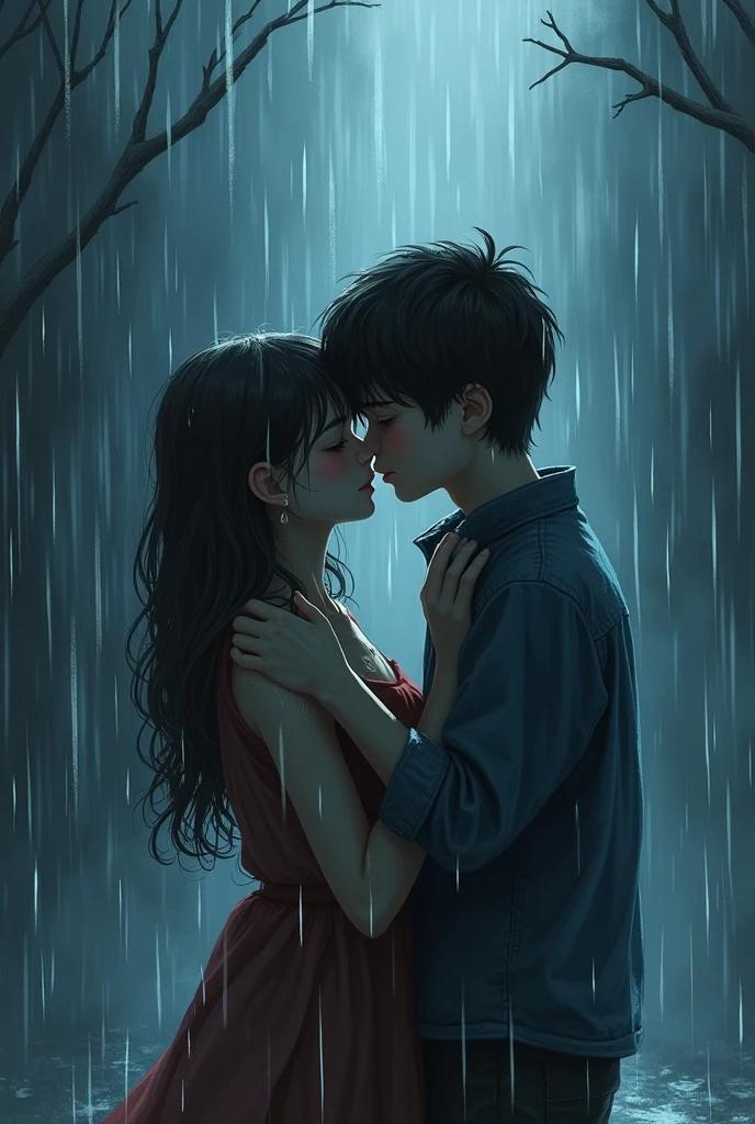 Two kissing, both of their head outside the window & raining