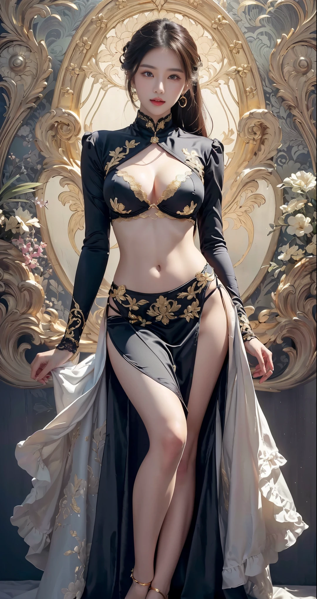 1girll， 独奏， tmasterpiece， CG， 8K， RAW photogr， pic， simple backgound， （looking at the camera in：1.2）， Cowboy shooting， standing on your feet， posing on a， Hyper detailed skin， （Super detailed face：1.2），  eyeslashes， Black eyeliner， black eyeshadows， tiara crown， braidedhair， Tattoo on the forehead， short detailed hair， Golden hair， pony tails， beaturiful body， detailed outfits， long  skirt， High slit， Separate the sleeves，big cleavage breasts， white stockings， kneeboots，