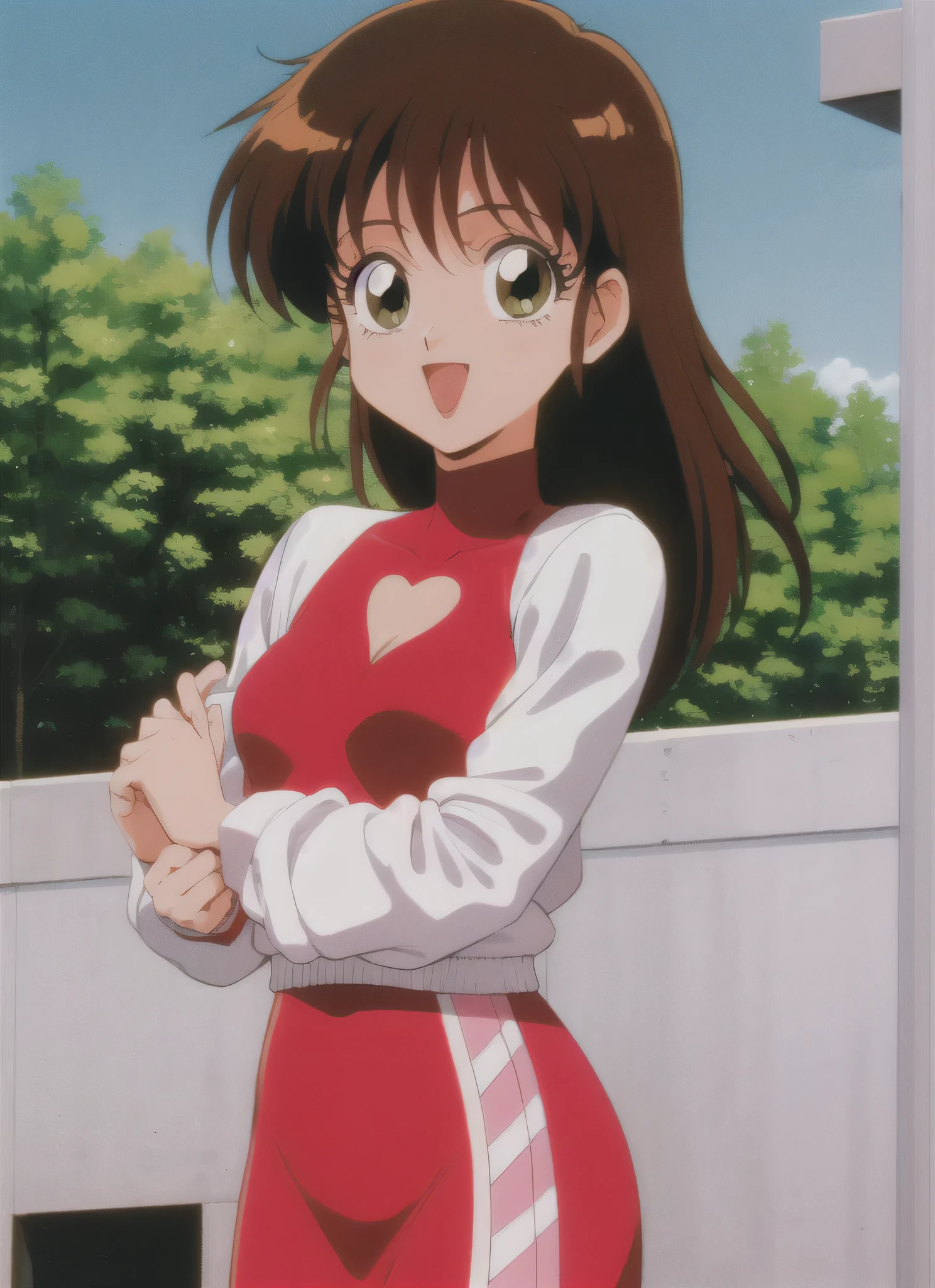 Animate，1girll，Crimson hair, Short pink sleeves，Short pink sleeves，Short sleeves with white stripes in the middle，There is a string of cherries between the pink and white of the clothes， Short-sleeved clothes also have white stripes on the cuffs，mediuml breasts，Open your hands, blue denim pants，Single ponytail hair，Alone