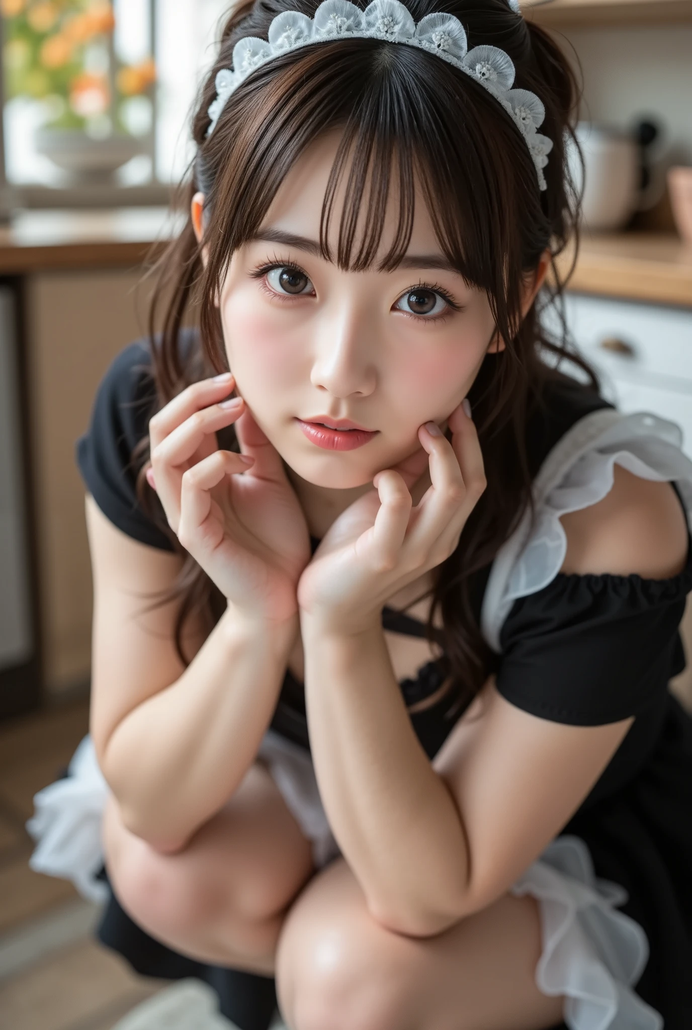 『 1 girl:1.3』 top quality:1.2、(( Big Breasts ))、 Slightly Visible Cleavage 、(( young woman))、(( has red cheeks))(( laughing))、((( anatomically correct、 perfect anatomy、 anatomically correct指)))  bust up shot 、( plump body)、( Masterpiece」:1.2,8k resolution,  RAW photos ,  top quality, ), High-definition color photos,  professional photos , (reality,  Realistic Pictures:1.37), ((whole body photo, whole body)), （ Beautiful 30-year-old Korean adult woman ）, Cinematic Light, ( beautiful face with double eyelids :1.5), (whole body photography), ( top quality:1.2), ((Large, striking eyes, Beautiful double eyelid eyes)), ( Close Her Mouth and Smile :1.2), ( watching viewers :1.2), （Crouching in front of the audience,  Crouching to see her panties ）, ( white panties),  Panties Fully Visible , (Detailed black and white maid outfit :1.2), Long Beautiful Legs ,Big Breasts,( Beautiful face brightly illuminated by natural light),  Show the viewer her crotch , Make Eyes with the Audience , Shooting in the kitchen,  Posing with her hands on her cheeks , Seaweed