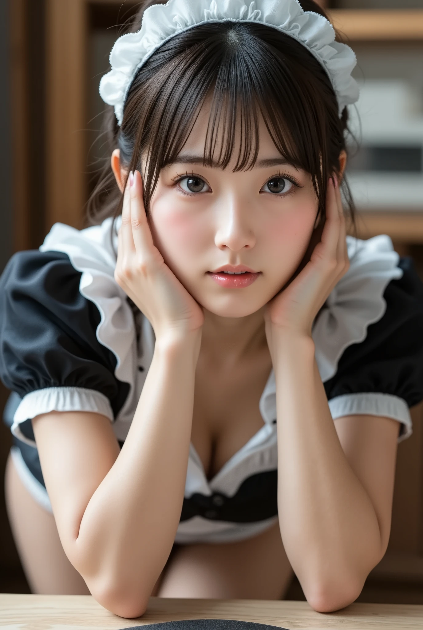 『 1 girl:1.3』 top quality:1.2、(( Big Breasts ))、 Slightly Visible Cleavage 、(( young woman))、(( has red cheeks))(( laughing))、((( anatomically correct、 perfect anatomy、 anatomically correct指))) bust up shot 、( plump body)、( Masterpiece」:1.2,8k resolution, RAW photos , top quality, ), High-definition color photos, professional photos , (reality, Realistic Pictures:1.37), ((whole body photo, whole body)), ( Beautiful 30-year-old Korean adult woman ), Cinematic Light, ( beautiful face with double eyelids :1.5), (whole body photography), ( top quality:1.2), ((Large, striking eyes, Beautiful double eyelid eyes)), ( Close Her Mouth and Smile :1.2), ( watching viewers :1.2), (Crouching in front of the audience, Crouching to see her panties ), ( white panties), Panties Fully Visible , (Detailed black and white maid outfit :1.2), Long Beautiful Legs ,Big Breasts,( Beautiful face brightly illuminated by natural light), Show the viewer her crotch , Make Eyes with the Audience , Shooting in the kitchen, Posing with her hands on her cheeks , Seaweed