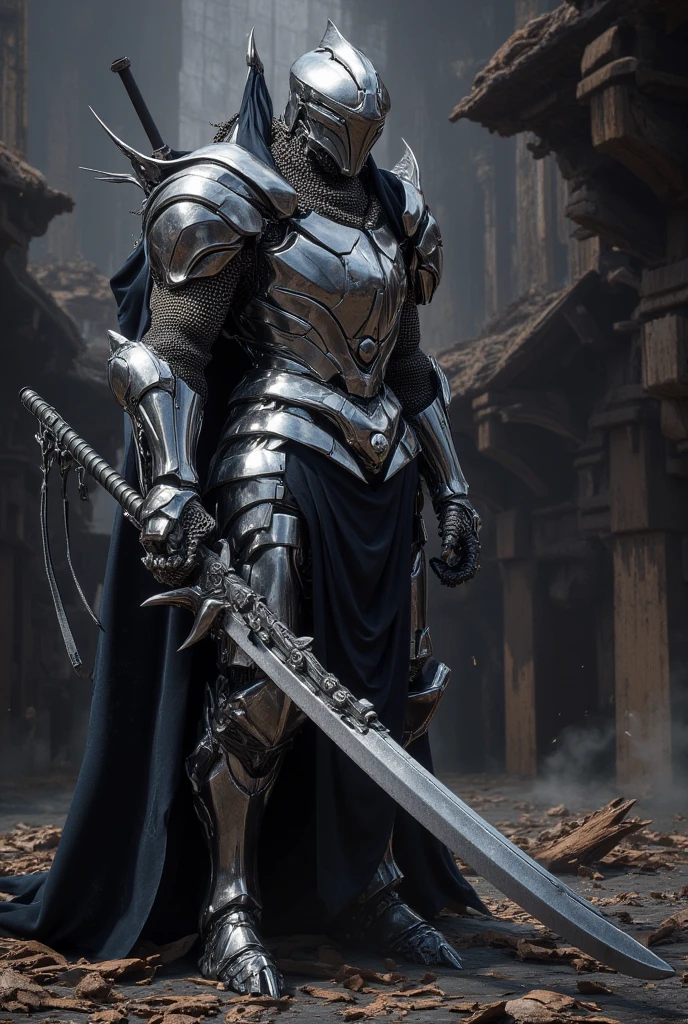 Praying before a statue of a deity, a female knight wearing a silver armor, mask, glowing greatsword, Dedicated to the gods, kneeling, reflective light, a celestial beam of light,  hkstyle, neon,