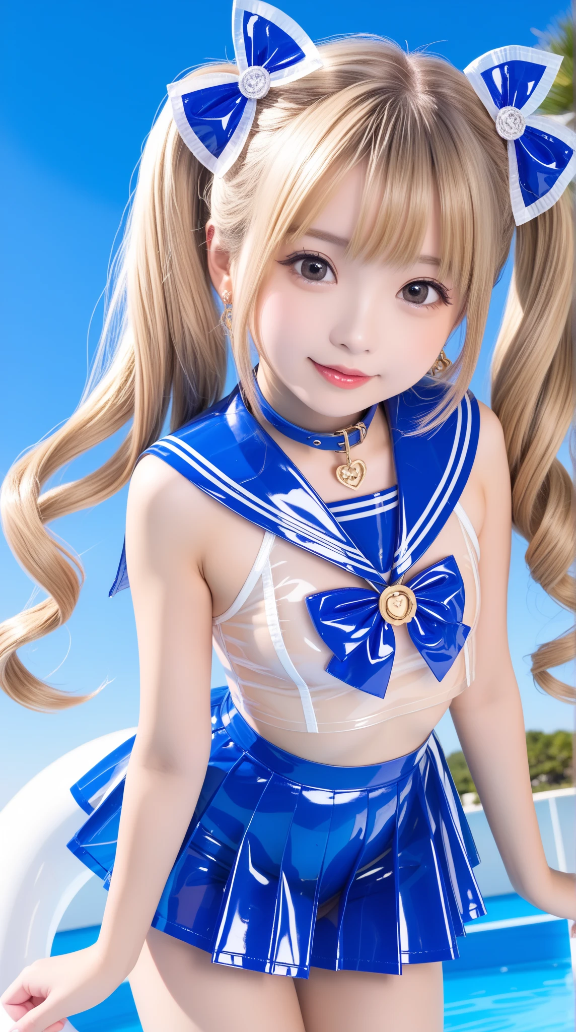 best qualtiy、masutepiece、超A high resolution、(Photorealistic:1.4)、(Thin eyebrows:0.2)、(thin lipss:0.8)、(small nose:0.8)、(toddlers:1.2)、great joy、Appearance without makeup、sailormoon、yellow  hair、length hair、Twin-tailed、Blue-collar sailor suit、Pink big ribbon tie、Blue pleated skirt、Red boots、very short limbs、(Chibi:1.4)、(Full body:1.4)、Sailor Moon Costumes、Standing、starryskybackground、By Michelangelo、ulzzang -6500-v1.1