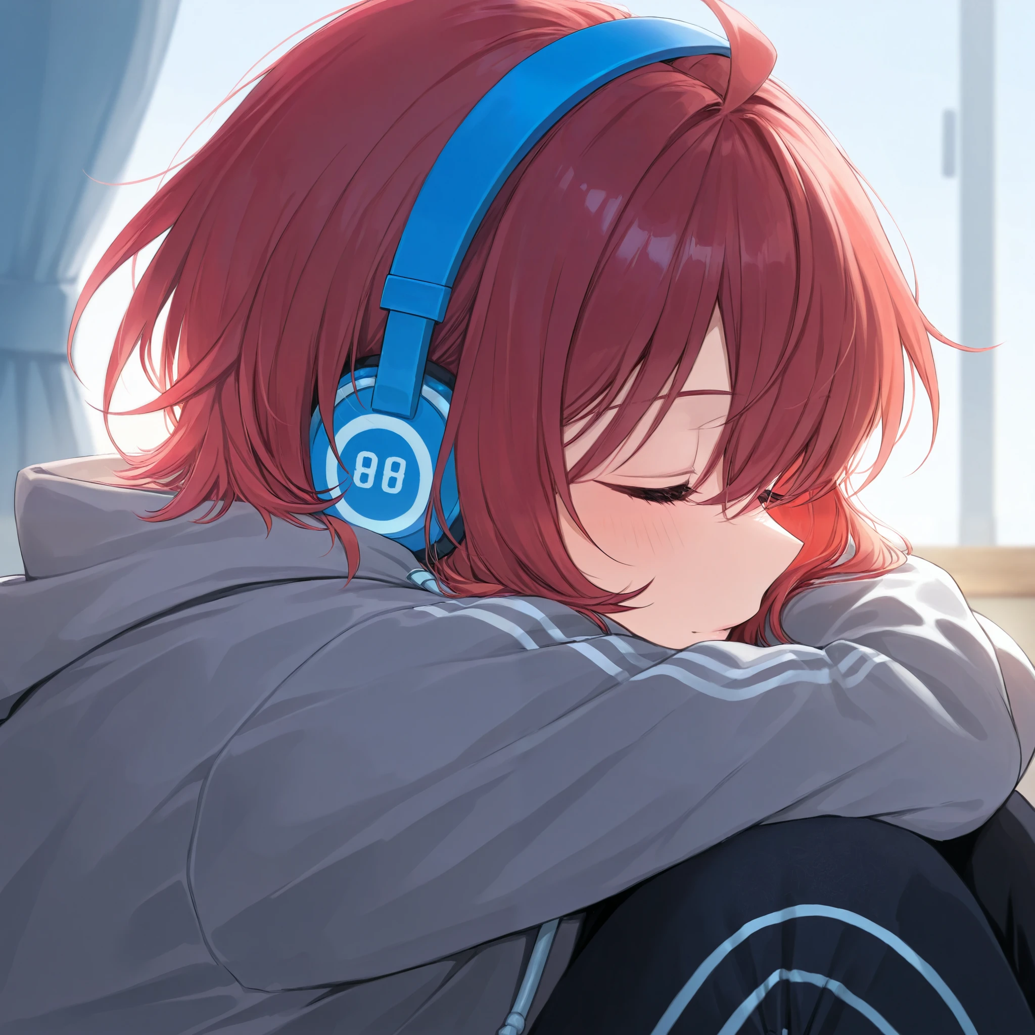  One with red hair with a blue Headphone, relaxing listening to music .
