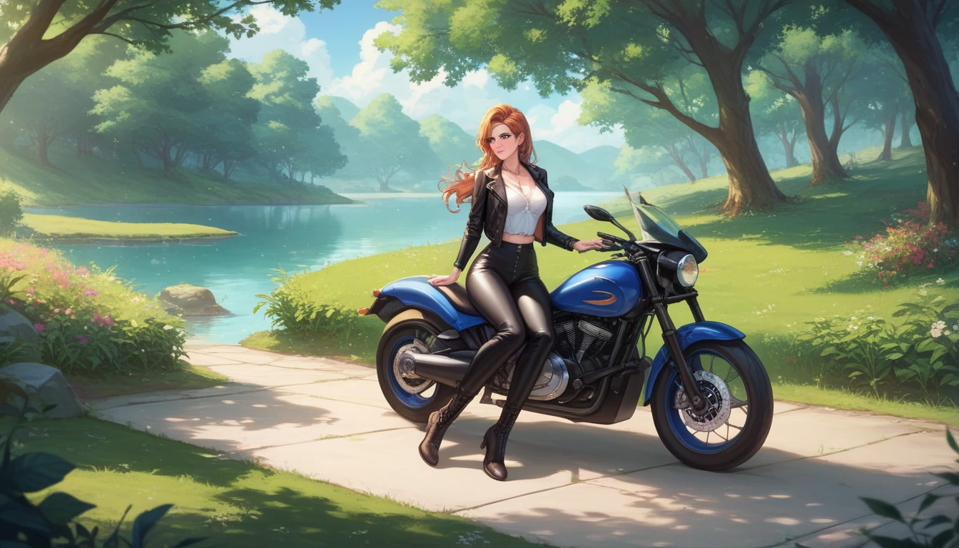 uploaded to e621, raw photo, realistic, anthro, detailed face, detailed fur, high resolution, beautiful and detailed portrait of Helluva Boss, Loona Hellhound, Loona, kenket, Ross Tran,ruan jia, zaush, foxovh, cenematic lighting, small chest, whole body, beautiful, motorcycle outfit, confident smiling face, solo, 1girl, in the desert, parked on the side of a road, sitting on the motorcycle