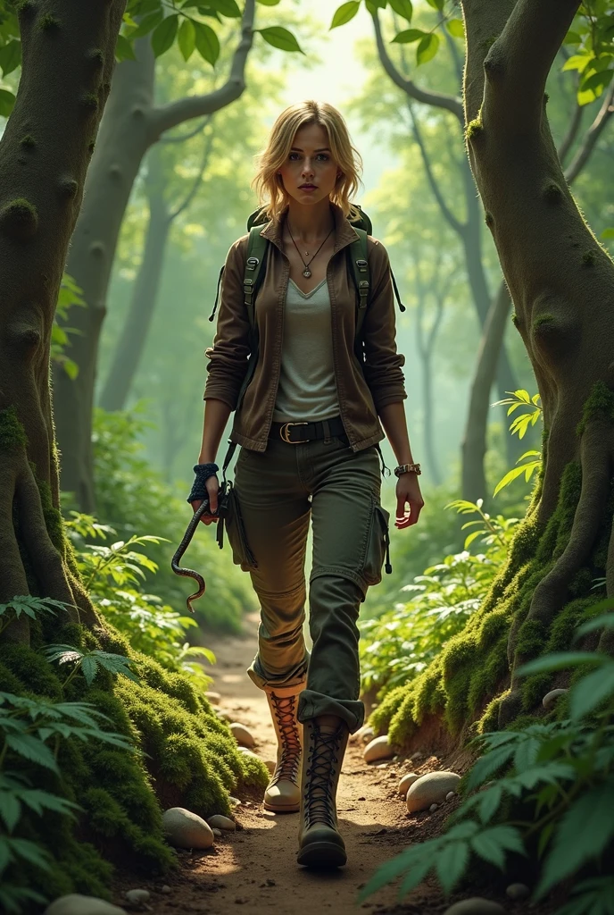 That this woman is crouching down watching a snake in the undergrowth