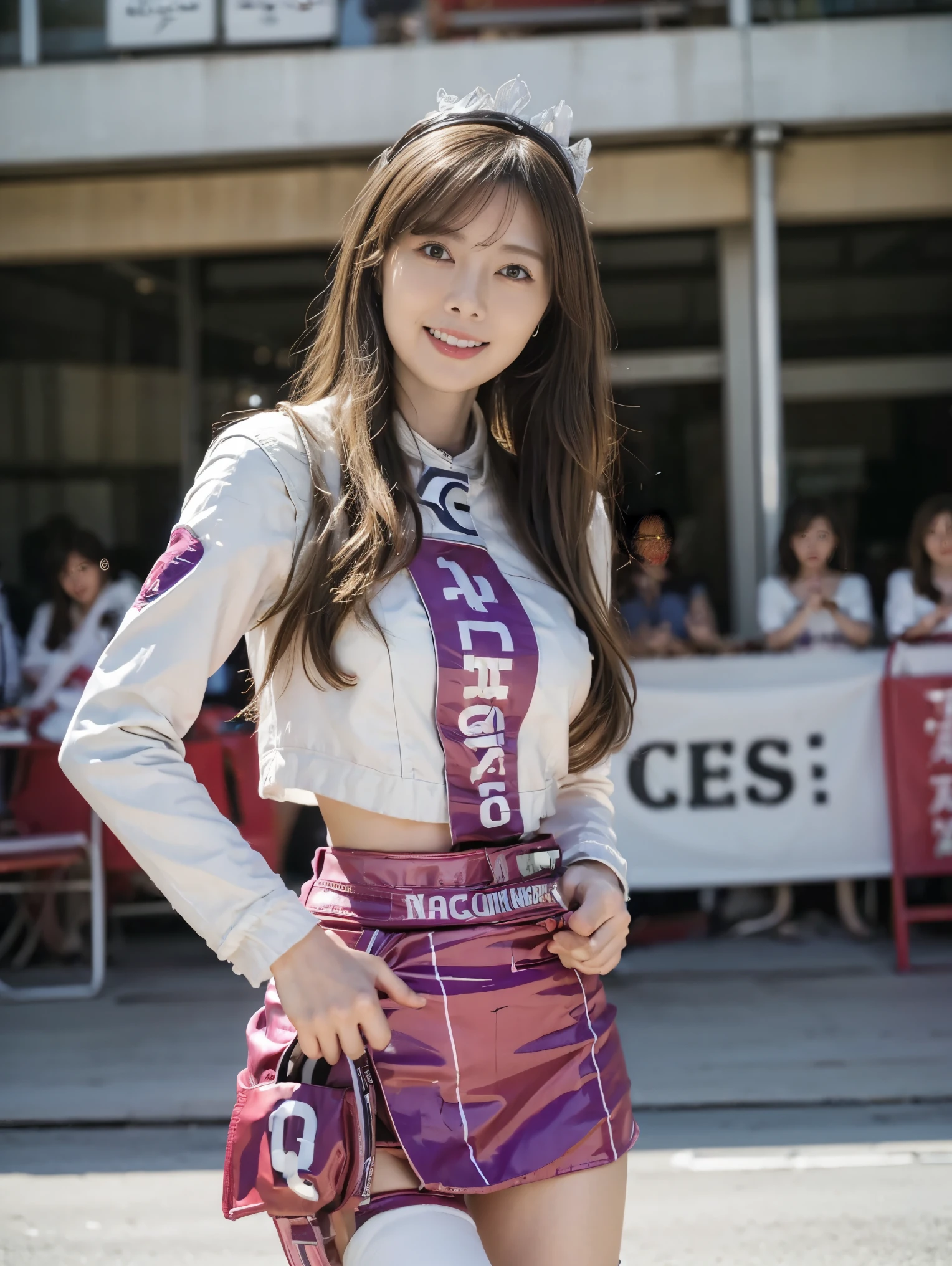 (Masterpiece, top quality , top quality , Official Art, beautiful、 beautiful:1.2), ,(RAW 写真 top quality :1.1),( one girl ), high resolution, very detailed , Ultra-Precise Performance, Alone, floating hair , Glowing Skin , asymmetry very short, (:1.2), perfect body, slender body , smile , standing with her hands on her hips、 Miniskirt, thighs, View Audience , ( race queen:1.8),,Nogizaka46,