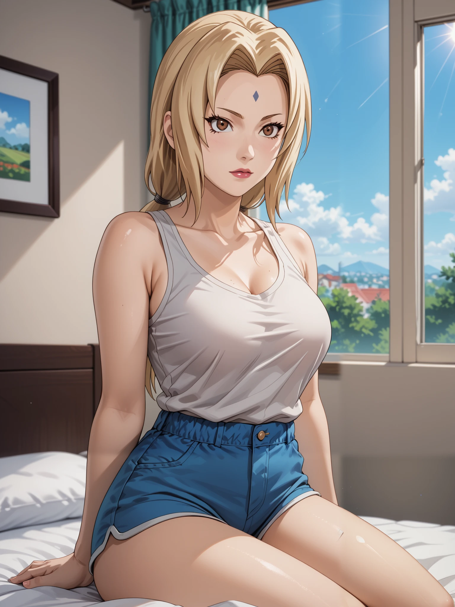 Masterpiece, extremely detailed,4k,solo, 1girl, tsunade, beauty anime face, Brown eyes, full body ,perfect slim body , bright body skin, thin lips,perfect slim body, very large breasts,white tanktop,((shorts)), Front look, bed room, sit on the bed, sunlight on the windows, cowboy shot, bokeh, photograph, little noise, shining, shimering, splendid
