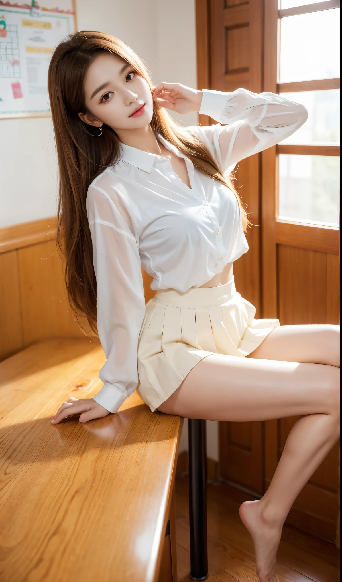 (in 8K、Raw photography、Highest Quality、realisitic、Photorealsitic、Professional Lighting、masterpiece、extremely delicate and beautiful、Highly detailed、finely detail、ultra-detailliert、hight resolution、full-shot、low angles)、1girl in、Solo、Alone、Beautiful nurse、In the examination room of the hospital、Sit on a chair with your crotch open:4、I can see the white panties:3、Open leg pose like Sharon Stone:4、Sexy legs、dynamicposes、Sexy graphic models、Japan Nurse Uniform、white dres:4、a short skirt、Guard Cap、White rubber shoes、Beautiful face:2、Bare legs、brown haired、Pubic hair is visible、The shape of the woman's pubic area is clearly visible、witheout panties