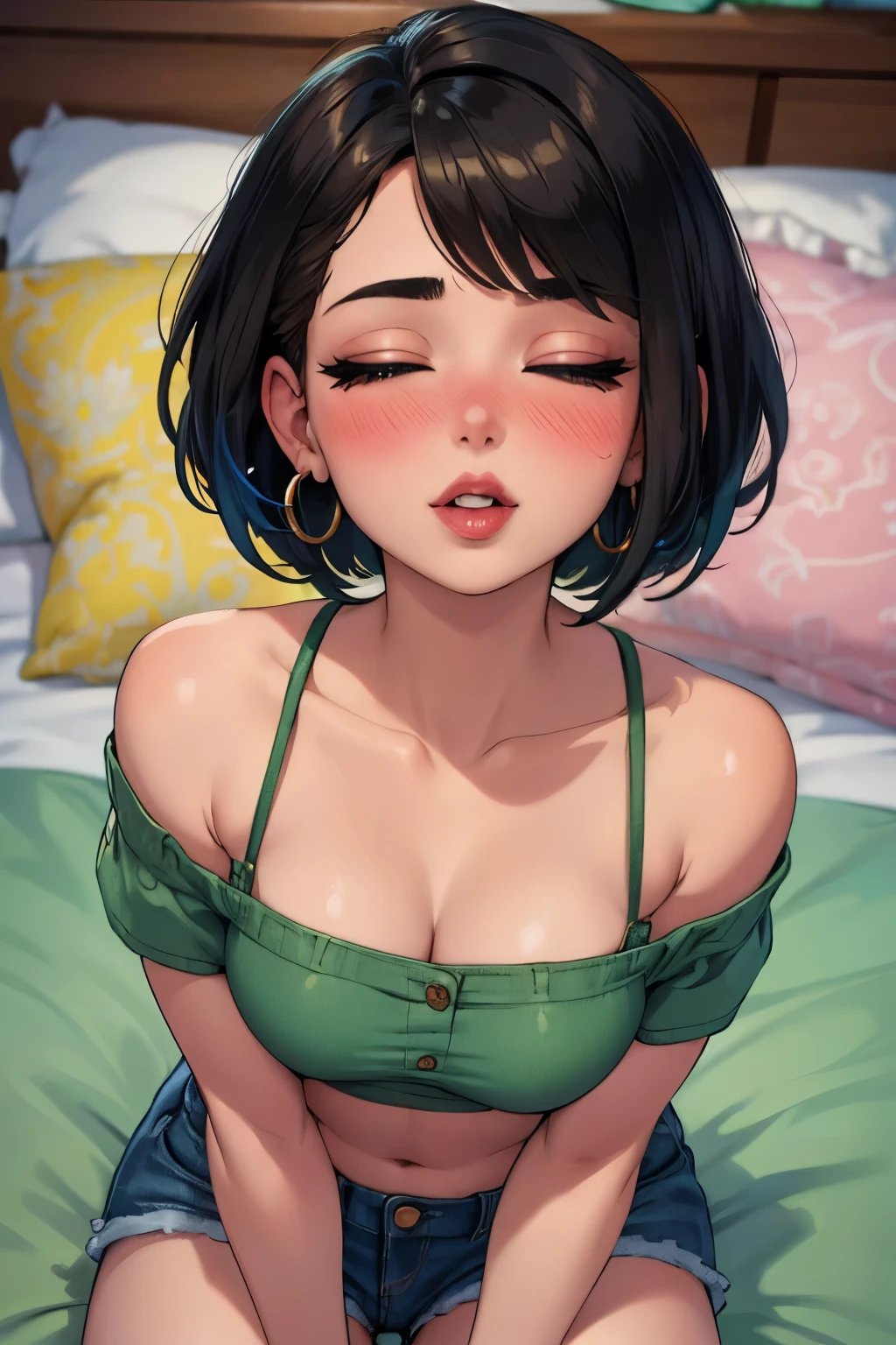 Upper Body, Young Woman, 20 Years Old, Beautiful Face, Highly Detailed Face, Highly Detailed Skin Texture, Fine Eyes, Brown Eyes, Double Eyelid, Thin Eyebrows, Glitter Eyeliner, Natural Cheeks, Shiny Skin, Green T-Shirt, Denim Shorts, Earrings, Glossy Lips, Parted Lips, Enchanting Smile, Short Hair, Bob, Focus On Chest, Focus On Face, Upper Body Shot, Off-Shoulder T-Shirt, Small Breasts, Lying On Bed, High Resolution, Accurate, Anatomically Correct, Best Quality, High Details, High Quality, Super Detailed, Textured Skin, Black Hair, Breasts, Hoop Earrings, Blush, Parted Lips, Makeup, Nose Blush, Heavy Breathing, Light Blush, Full-face Blush, Red Lips, Flustered, Half-Closed Eyes, Naughty, Naughty Face, Close-Up, Depth Of Field, Short Hair, Bob Cut