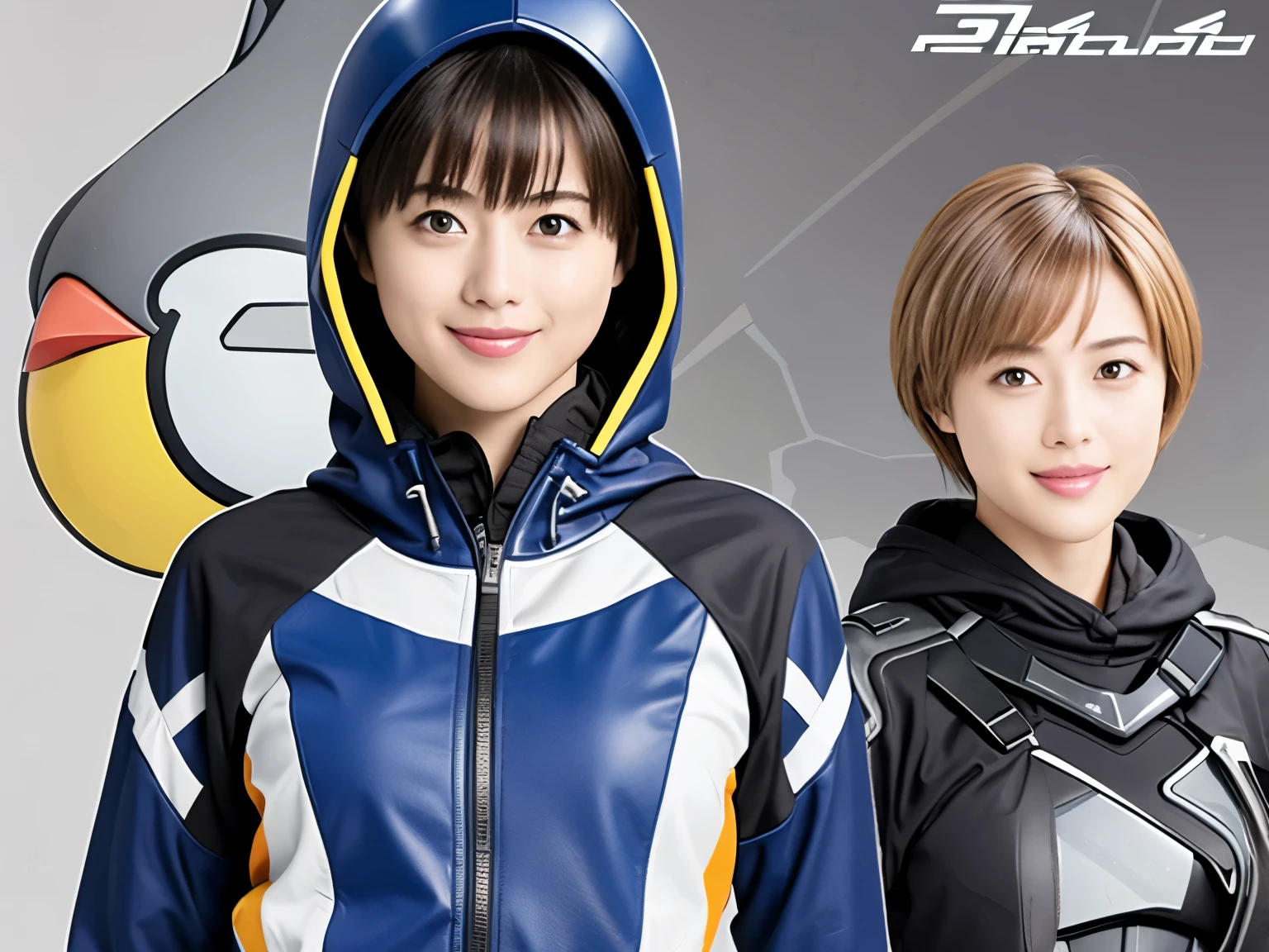 348 (20-year-old female, short hair), ( HD), (smile), (Gatchaman's combat uniform), (beak-shaped transparent hooded helmet), ( abs)