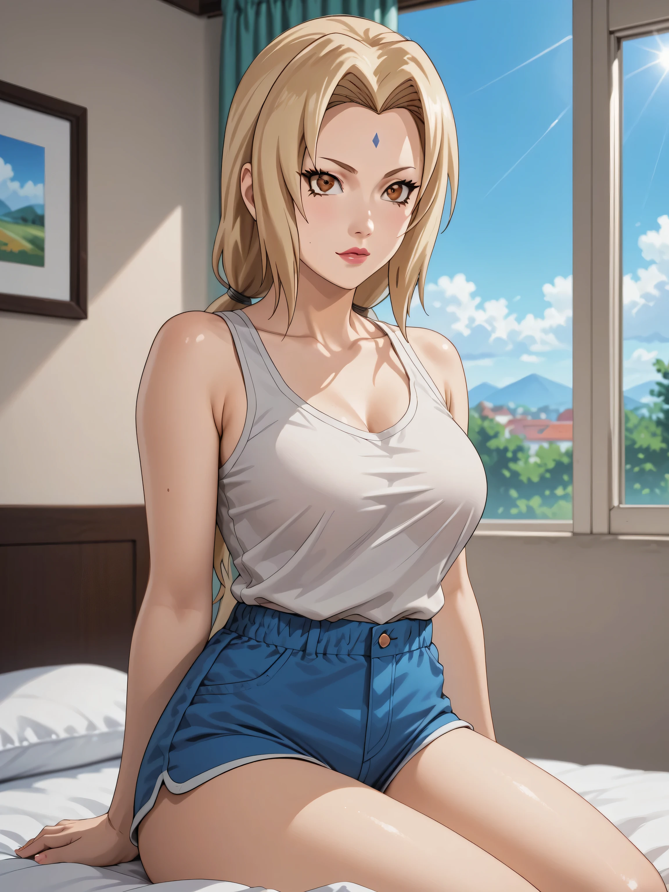 Masterpiece, extremely detailed,4k,solo, 1girl, tsunade, beauty anime face, Brown eyes, full body ,perfect slim body , bright body skin, thin lips,perfect slim body, very large breasts,white tanktop,((shorts)), Front look, bed room, sit on the bed, sunlight on the windows, cowboy shot, bokeh, photograph, little noise, shining, shimering, splendid
