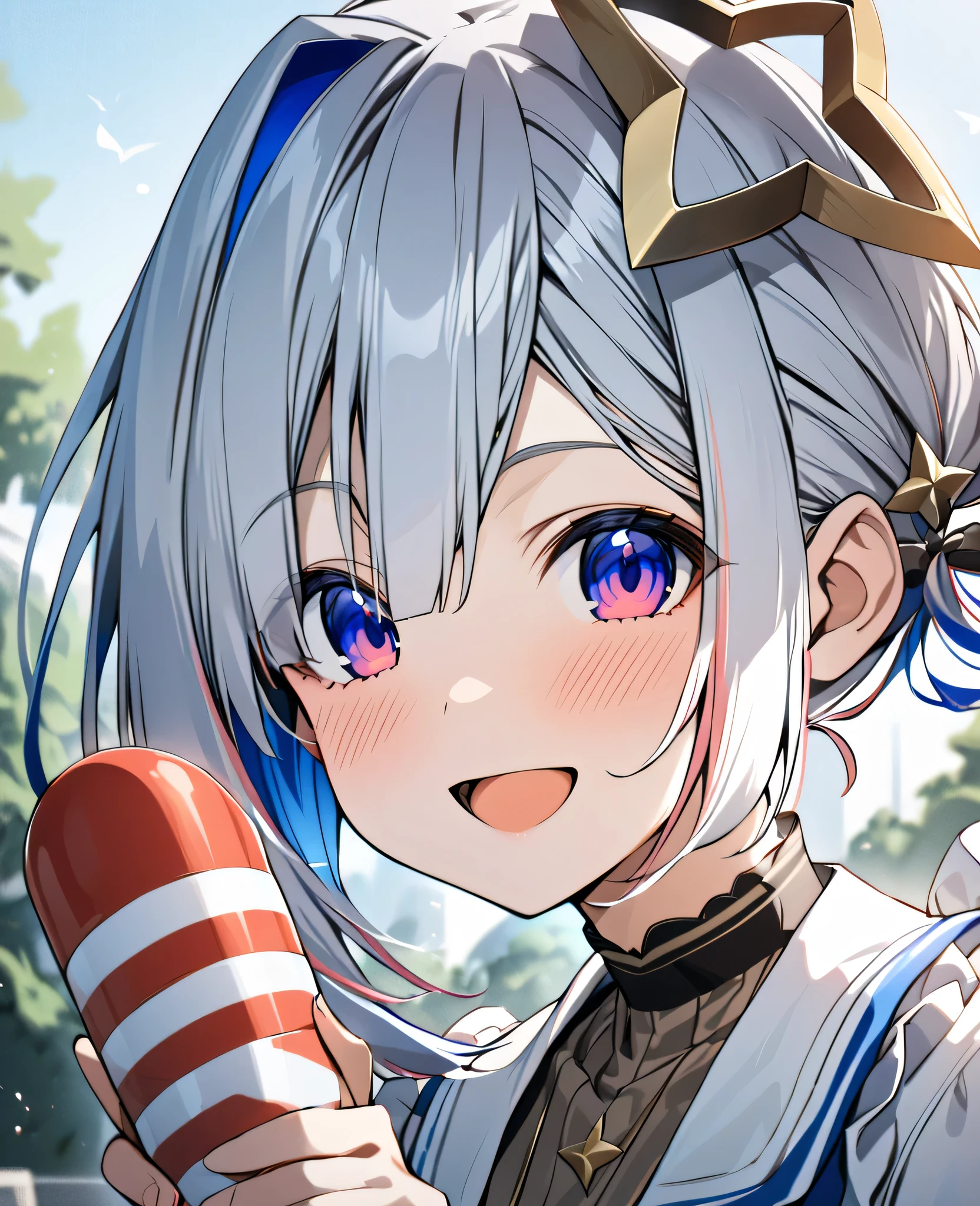 amane kanata,hololive,solo,smile,holding tenga,red and white tenga,open mouth,portrait,outdoor,looking at viewer,high quality,high detailed,masterpiece