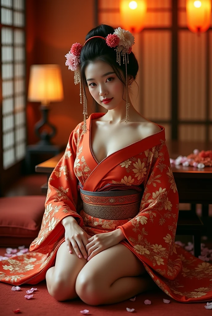 (Photorealsitic:1.4), (Top image quality:1.0), (超A high resolution:1.0), 8K、Japanese 0.1 : Korean 0.1 : Taiwan 0.3 、(( perfect eyes、Perfect mouth、symmetrical eyes、))Raw photography, (masterpiece:0.2), (pureerosface_Right and left eyes or the same size、Big laugh 、v1:0.5)、(Best Quality Detail:1.2)、realisitic、8K、hight resolution、(1girl in:1.2)、The ultra-detailliert、High quality textures、intricate detailes、detaileds、Very detailed CG、High quality shadows、Detail Beautiful delicate face、Detail Beautiful delicate eyes、depth of fields、1girl in, Cute, red kimono, Kimono with Japanese pattern,Floral scrunchie, Beautiful skin, Facing the front,Sit down, Facing directly ahead of the viewer、Align your hands elegantly,Smile faintly The Land of Japan,Japanese garden,Luxury Japanese-style room, 1womanl, Solo, hips up high, look at viewr, (Detailed face), Kimono,