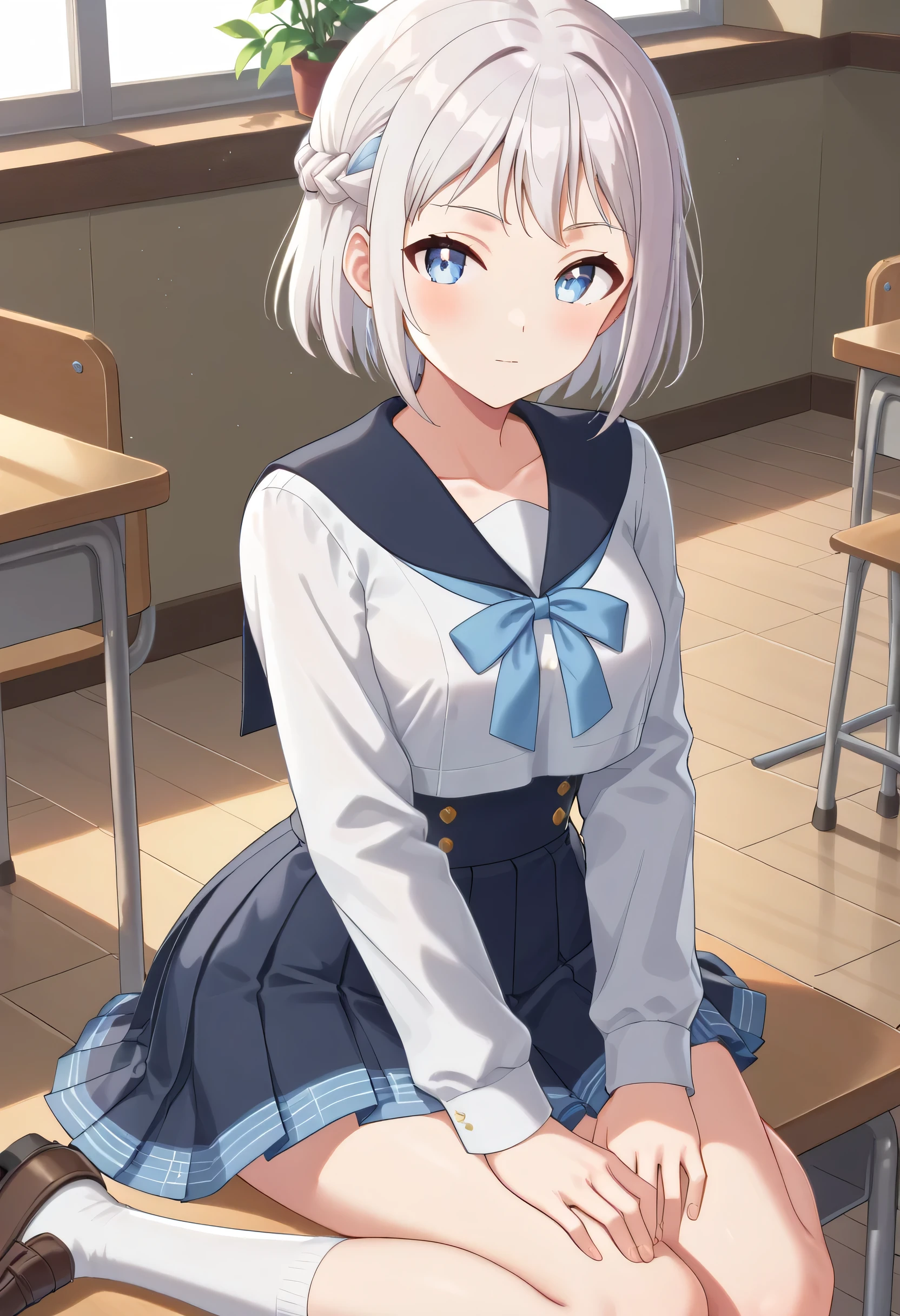 1girl, liljakatsuragi2,katsuragi lilja,blue eyes,white hair,short hair,braid,school uniform,sailor collar,neck ribbon, white shirt,layered skirt,high-waist skirt,white socks,loafers, gmlilja, sitting,