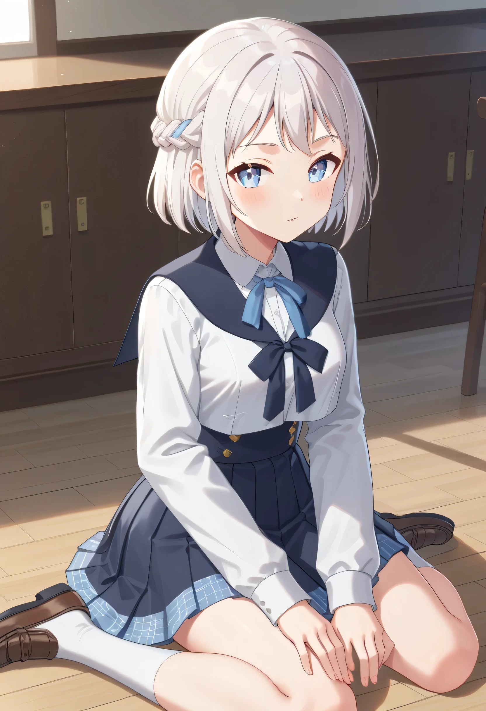 1girl, liljakatsuragi2,katsuragi lilja,blue eyes,white hair,short hair,braid,school uniform,sailor collar,neck ribbon, white shirt,layered skirt,high-waist skirt,white socks,loafers, gmlilja, sitting,