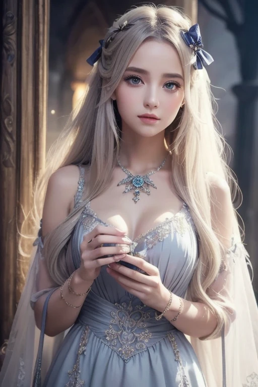 Masterpiece, Best quality, Extremely detailed 8K, Ultra HD, Ultra-detailed, Highly detailed, Ultra-realistic, Ultra-realistic, Hyperrealistic, hyper photorealism, (1girll:1.5), (Solo:1.5), Anatomically correct, (Detailed and realistic skin texture), Slender abs, (Closed mouth:1.3), NSFW, Dynamic pose, (Beautiful and lovely Pakistani woman:1.55), upon body from head to knees, , (long whitr hair:1.35), (Blue eyes:1.35), (luxury goods:1.35),