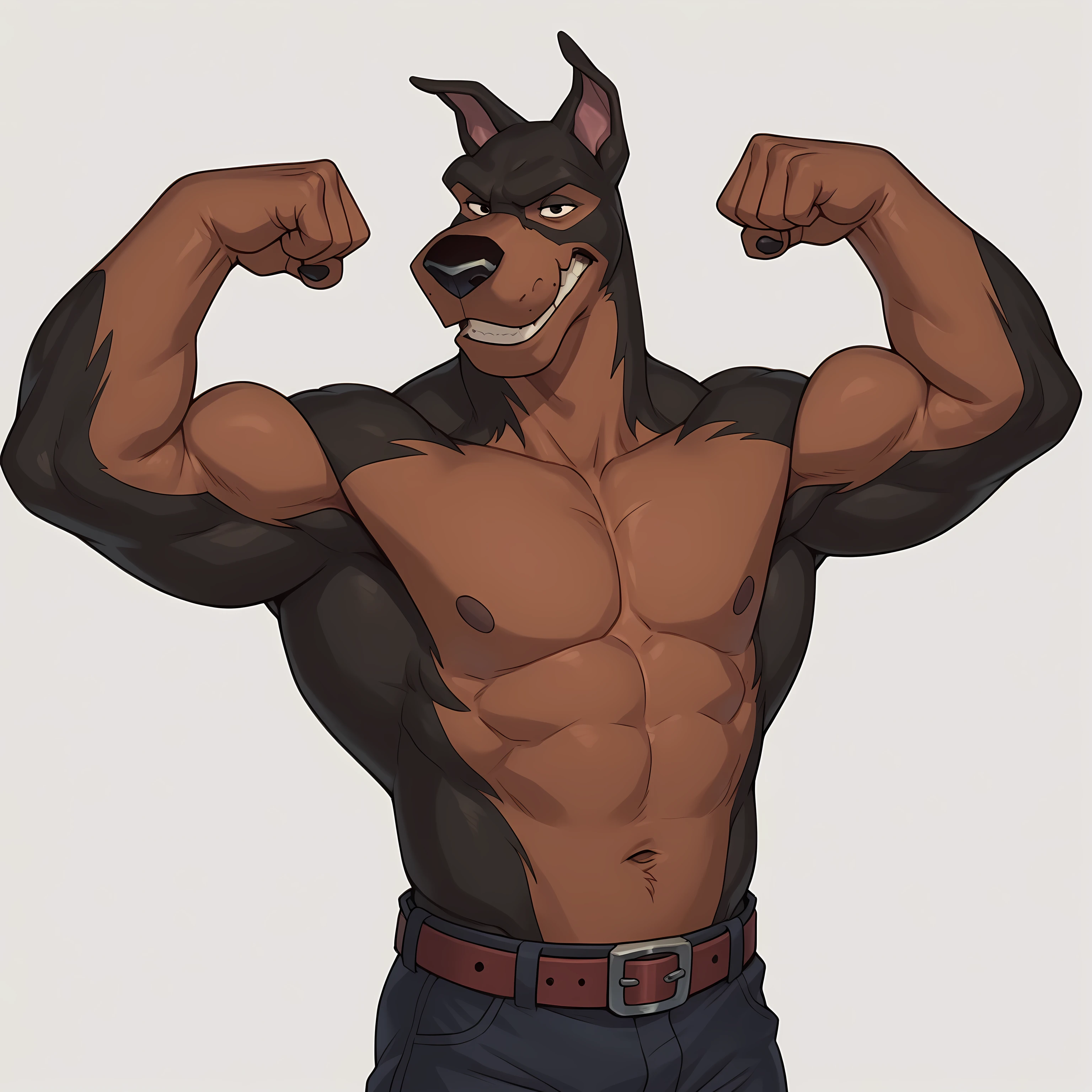 BusterLT, furry, anthro, anthro body, canine, doberman, black eyes, black nose, black body, black fur, brown body, brown fur, two tone body, two tone fur, pink inner ear, solo, heavyweight build, muscular, muscles, ((flat colors, no shading)), simple background, detailed, posing, looking at viewer, smile, strong posture, shirtless, bare chest, belt, pants, muscular neck, half body, half view, strong pose, flexing biceps, flexing muscles, grin