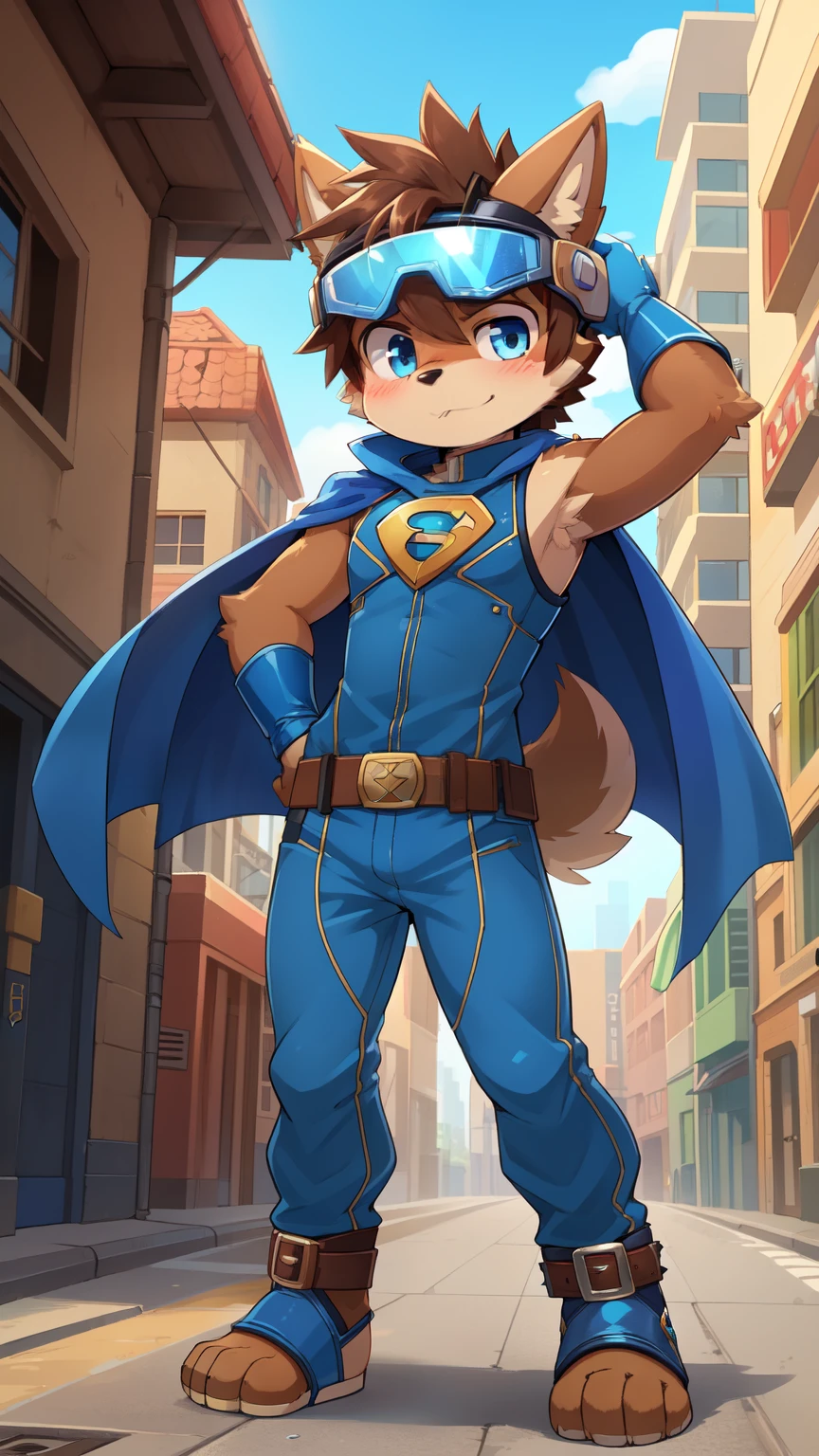 score_9,score_8_up,score_7_up, source_cartoon, source_furry, dog boy, blue eyes, dog tail, brown hair, shota, furry, blush, looking at viewer, :3, 1boy, dog ears, short spiky hair, furry male, two tone body fur, brown body fur, clear brown body fur, ((superhero mask, blue cape, blue gloves, belt with S insignia)), street, clear sky, short body, tiny body, full body, feets with three toes, 3 toes,