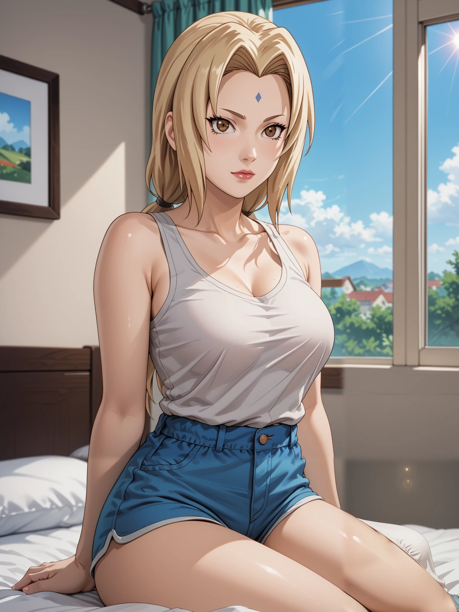 Masterpiece, extremely detailed,4k,solo, 1girl, tsunade, beauty anime face, Brown eyes, full body ,perfect slim body , bright body skin, thin lips,perfect slim body, very large breasts,white tanktop,((shorts)), Front look, bed room, sit on the bed, sunlight on the windows, cowboy shot, bokeh, photograph, little noise, shining, shimering, splendid
