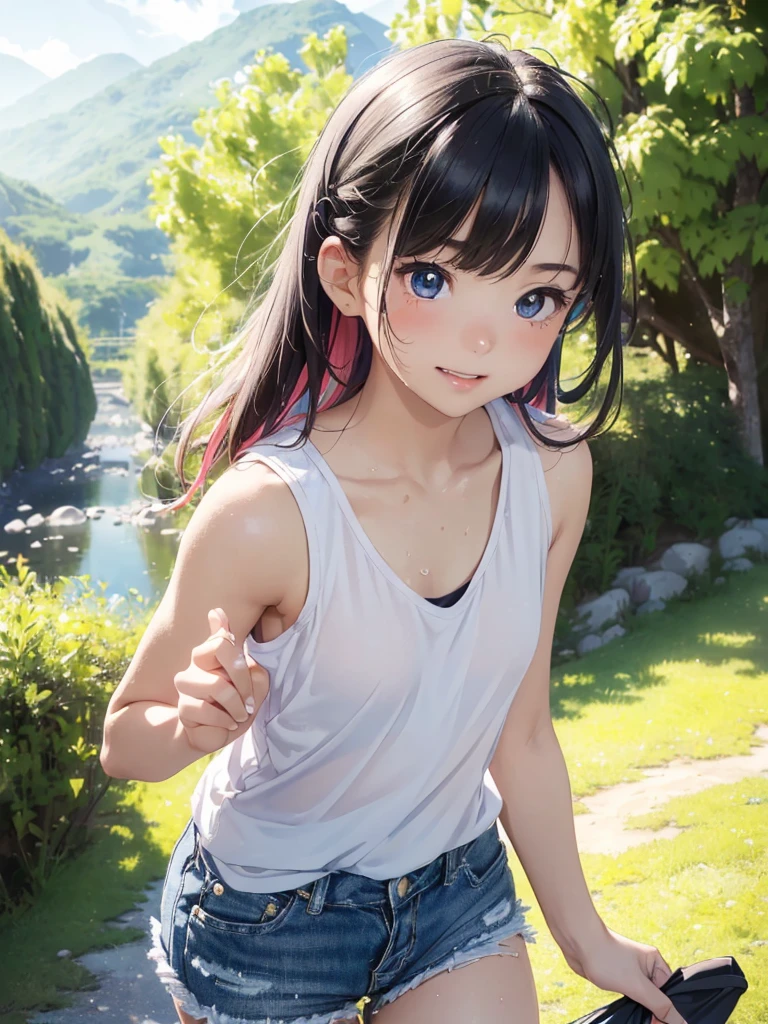 Highest quality、8K quality、A 20-year-old woman hiding her breasts with both hands、Deep U-neck T-shirt、Short skirt、Beautiful thighs、Soft Breasts、Looking up at the photographer、Shooting from the top of the front、Well-groomed, Adult face、Beautiful cleavage、When bending over, Clothes come off、(Skinny body type:1.1), (Flat Chest:1.2),