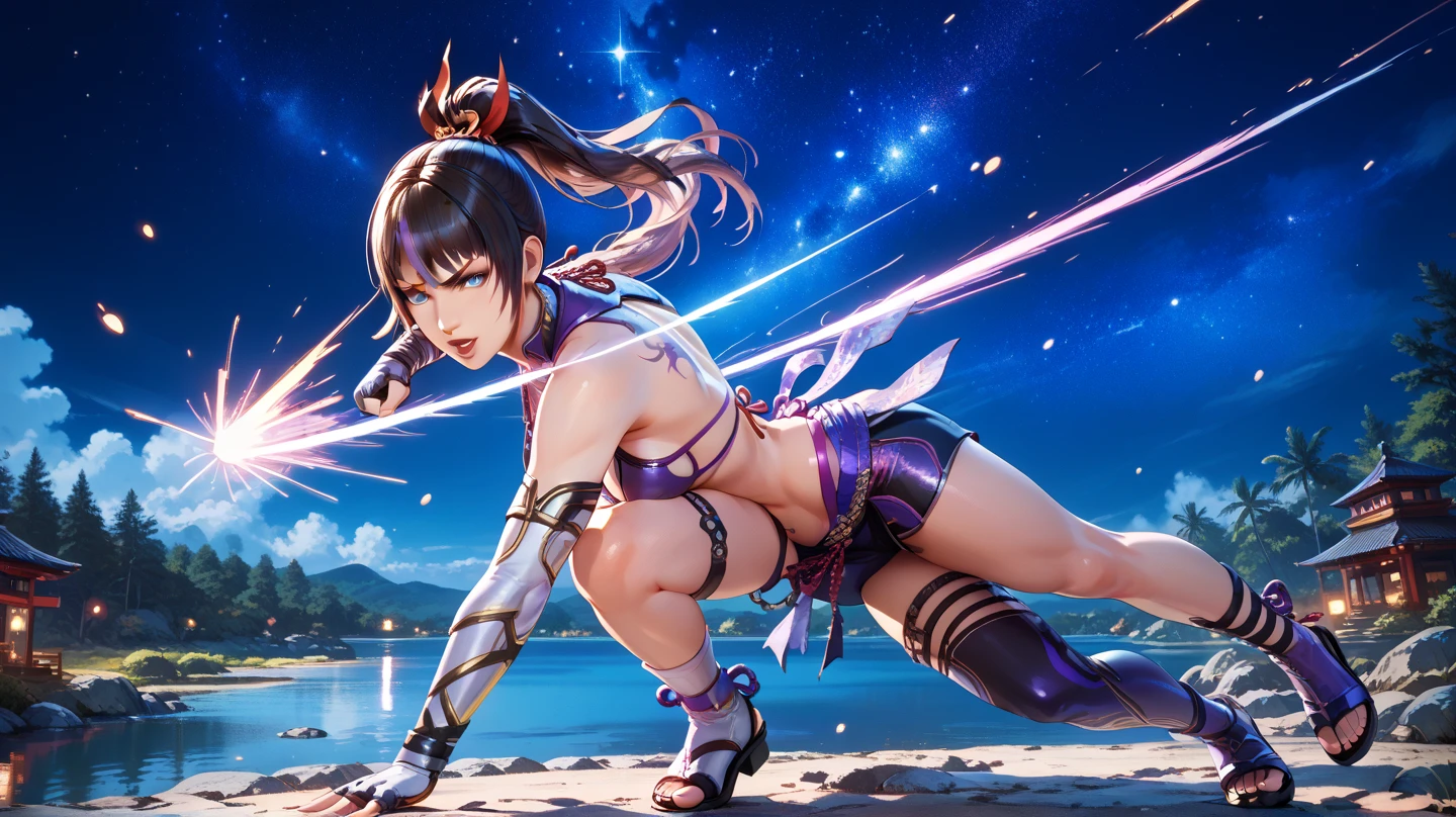 highest quality、black-haired woman with medium hair、sharp eyes、Chun-Li costume、small breasts、beautiful exposed thighs、fighting pose、Fighting Arena