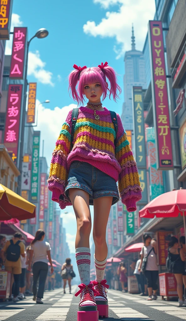 surreal chaotic fantasy candid wide angle fisheye teal pink yellow pastel a person standing in the middle of a crosswalk, cool japanese street fashion, cropped wide sleeve, johanna rupprecht style, mix of ethnicities and genders, canon 8 0 d, wearing streetwear outfit, (leggings) vertical, in rows, fabrics and textiles, style, modestly dressed
