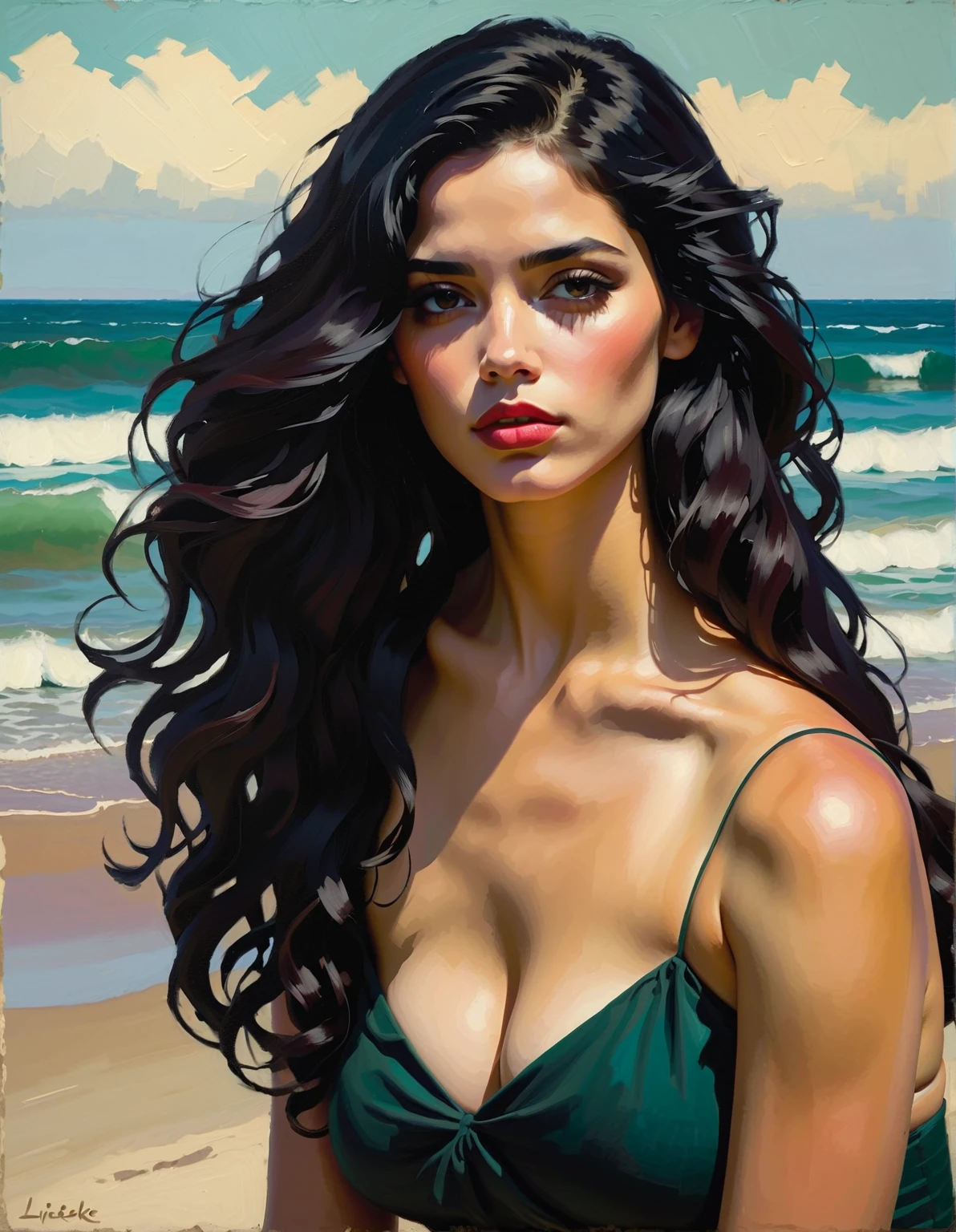 (photorealistic:1.9), (realistic photographic style:1.9), (hyperrealistic), (complexity). Amazing photorealistic portrait of beautiful woman, long black hair, curly hair, olive eyes, bored, spectacular tropical beach in background, dynamic pose, sexy, bikini outfit (masterpiece:1.3), (best quality:1.3), (very aesthetic :1.3), (absurdities:1.3), (detailed background),newest,AI generated, (realistic:1.9), [[(ultra high detail:1.1), (sharp focus:1.1), (refined edges:1.1 ), (high definition clarity: 1.1), (precise details: 1.2), (rich texture): 0.3], (sharp details), (plus micro details, plus small details: 1.3)] , ((high definition eyes: 1.2), (realistic eyelashes: 1.2), (soft eye shading), (precisely defined iris: 1.1), precise details, precise micro detailed eyes), (follow LoRas: 1.3 ), (follow the instructions: 1.2), realistic, absurd, Woman, black hair, curly hair, long hair, olive eyes, thin waist, light skin, style of Kaffe Fassett, style of Stephen Mackey, art inspired by Bill Sienkiewicz and Dave McKean 