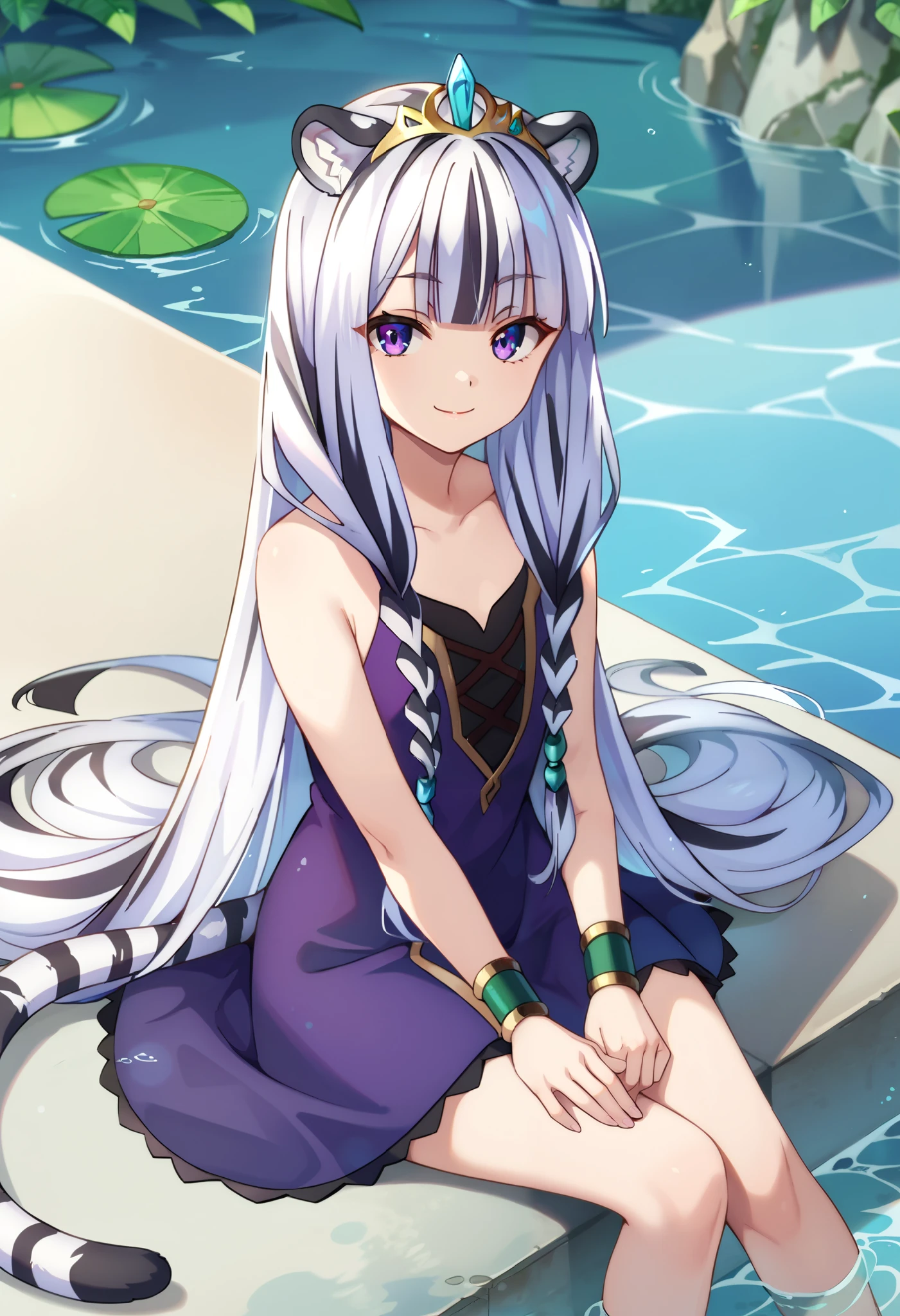 1girl, solo, long hair, white hair, black hair, multicolored hair, white tiger ears, white tiger tail, sitting, looking at viewer, purple dress, light blue dress, multicolored dress, bracelets, purple eyes, half-lidded eyes, smile, water patterns, tiara, blue crystal in tiara, water theme outfit.