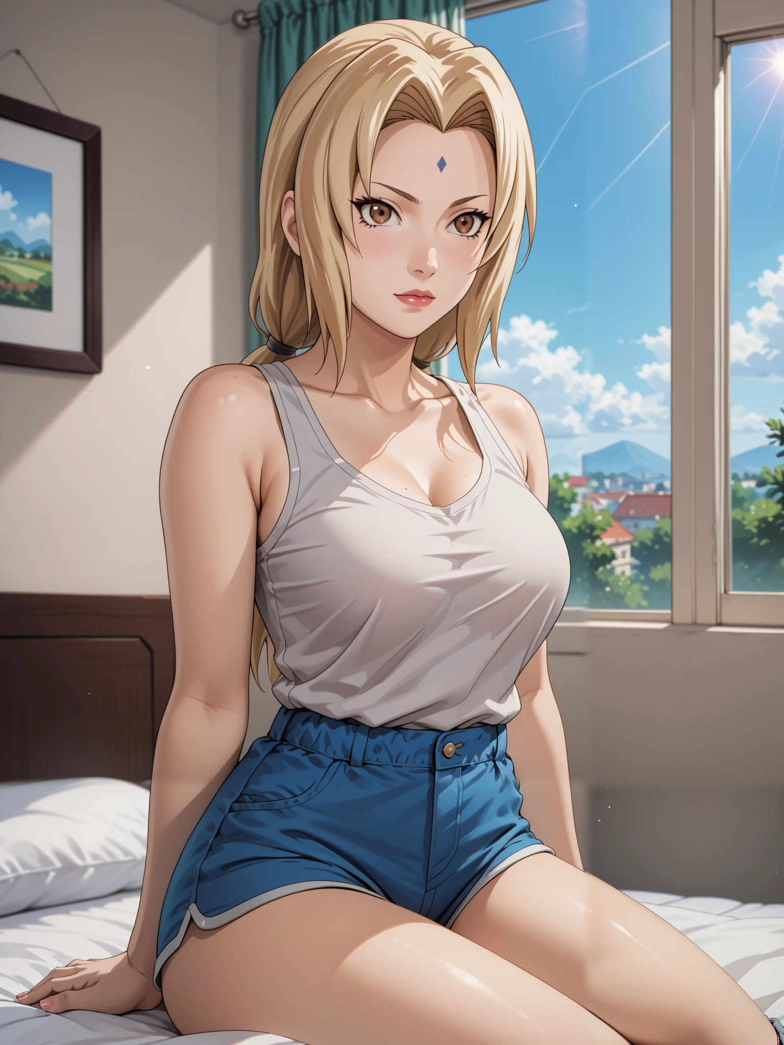 Masterpiece, extremely detailed,4k,solo, 1girl, tsunade, beauty anime face, Brown eyes, full body ,perfect slim body , bright body skin, thin lips,perfect slim body, very large breasts,white tanktop,((shorts)), Front look, bed room, sit on the bed, sunlight on the windows, cowboy shot, bokeh, photograph, little noise, shining, shimering, splendid
