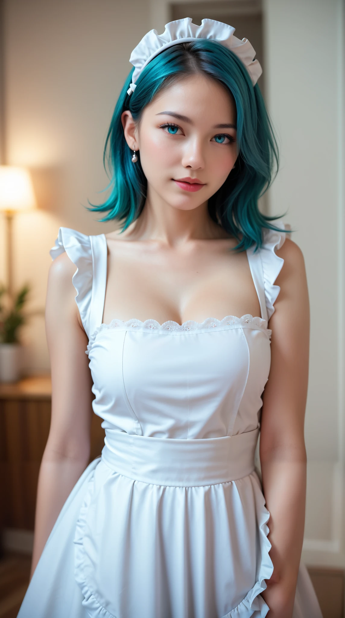 photorealistic, (4k), (upper body), depth of field, (Masterpiece), (realistic skin texture), highly detailed, intricate, highly detailed, professional photography, bokeh, high resolution, sharp detail, best quality, girl, hair aqua, medium hair, blue eyes, aqua maid dress, maid headdress, frills, apron, standing,