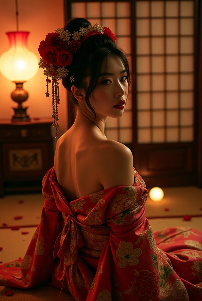Red kimono open shoulders open legs beautiful breasts stockings black background red rose petals lace fan wind bottom view