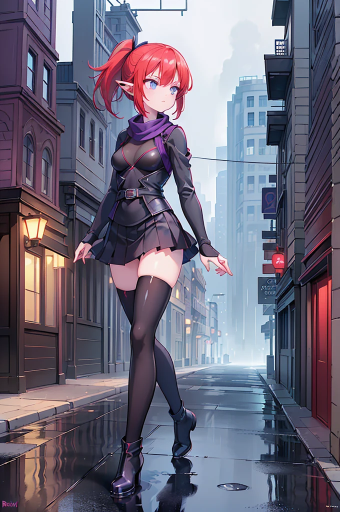 masterpiece,  best quality ,((1 female ninja,adult, Slender ,Elf)), Dark Blue Eyes ,Droopy eyes, medium breasts, (( red hair, short hair, ponytail)), black boots ,(( black leotard,Purple scarf, black thigh high socks,purple outerwear , skirt )),(((( midnight,Rain,A row of buildings , Future City,I'm walking alone on the sidewalk of the main street,Flashy Neon))), thin eyebrows on boots, white skin, expressionless