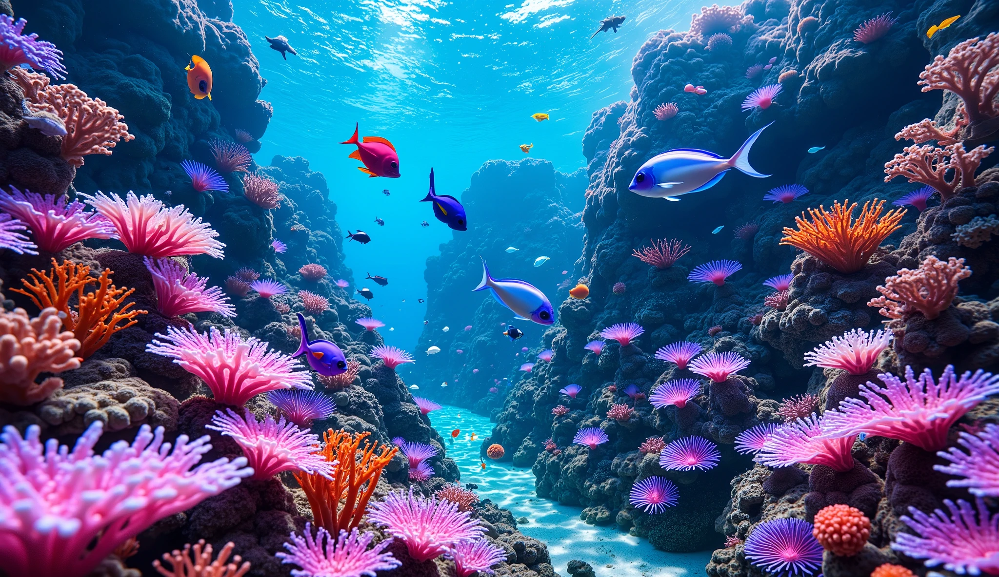 (In the water), Undersea heaven ,((very many fluorescent green giant table corals)),(( detailed colorful purple and blue and green coral reefs in the center)),Realistic Expression , shot with a fisheye lens  ,(( Multiple Fluorescent Green Corals )), (( is filled with 10,000 natural coral groups with lots of extremely colorful colors)), (( lots of green and blue soft corals that emit fluorescent colors )), crystal clear water, , strong sunshine ,Vast coral reefs ,Detailed seaweed ,( lots of colorful tropical fish),( myriad cobalt sparrows ), large blue tropical fish , spiny butterflyfish ,Hanadai-hsien, golden butterflies .Scallops , myriad cobalt sparrows , seahorses, lots of psychedelic starfish on the seabed , life,  lively colors, Serene atmosphere, Quiet, Swaying seaweed ,  array of vibrant colors ) , ( best quality , high resolution:1.2), (In the water photography), ( lively), (  soft diffused lighting  ), Orchestra of Highly Coloured Corals, Vast Seas ,Coral Reef,
